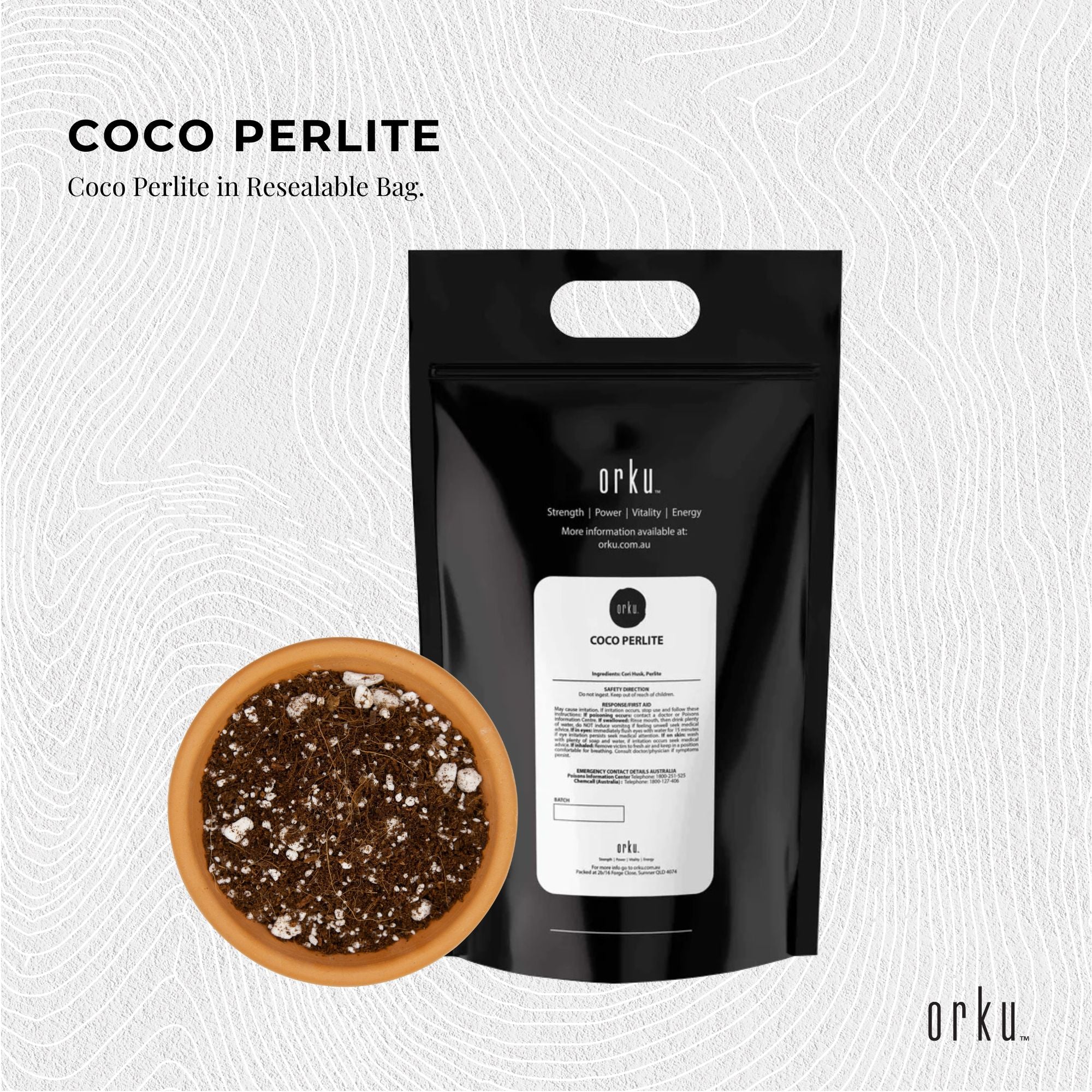 Coco perlite mix bag with bowl of dark growing medium and light perlite flakes