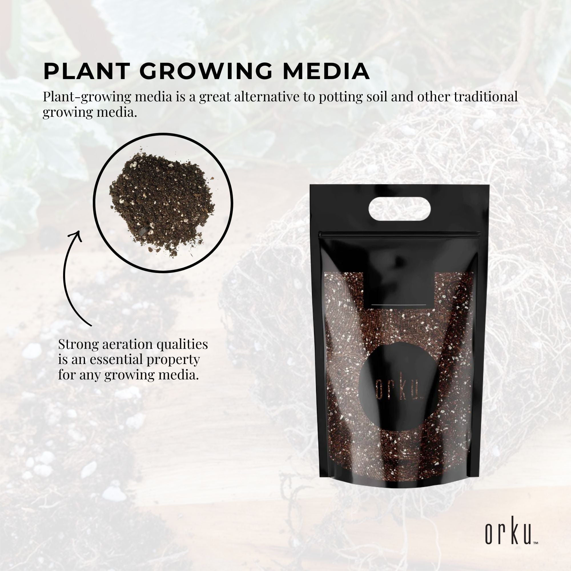 Plant growing media bag with dark coco perlite granules and light perlite particles