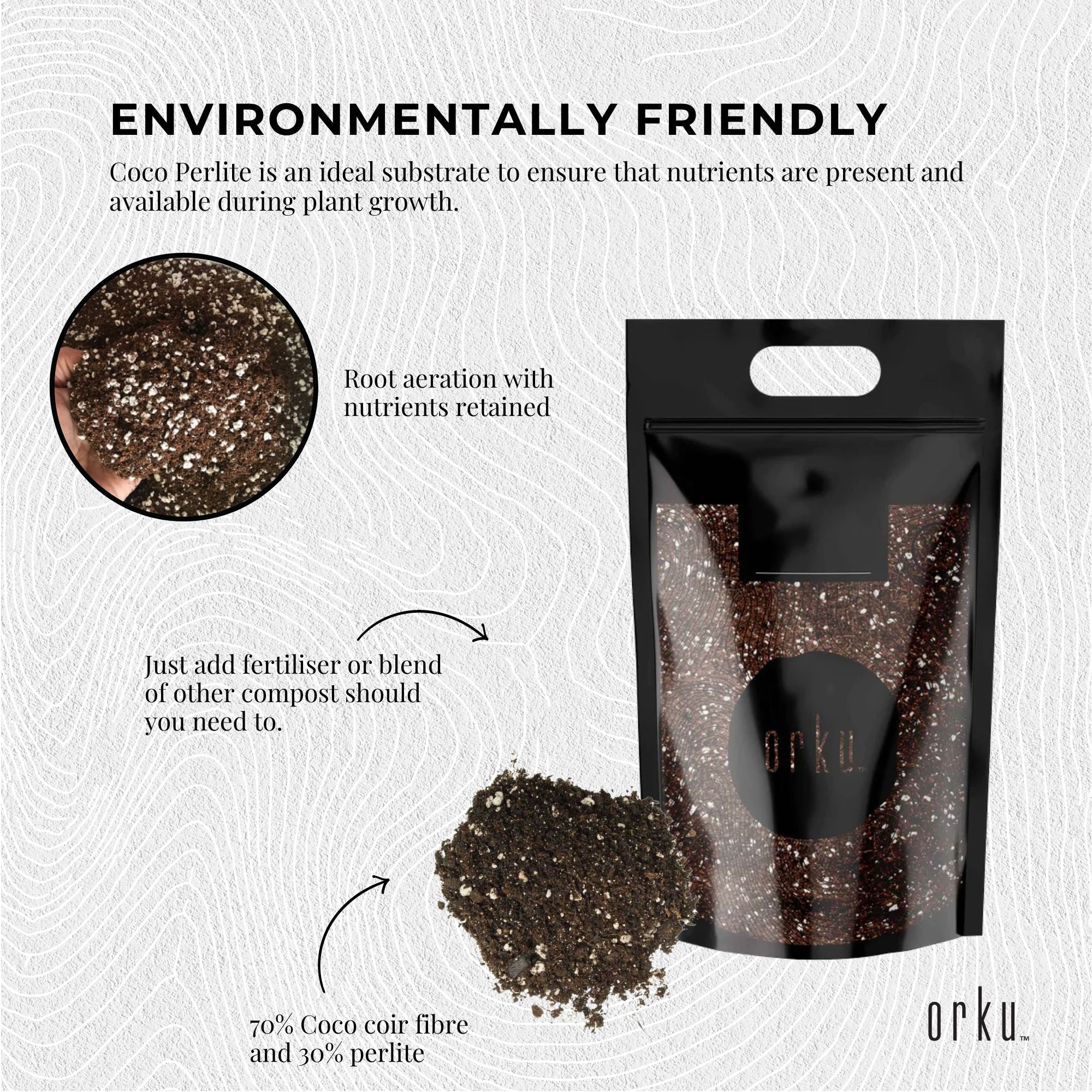 Coco perlite mix bag with dark growing medium clump and fine perlite specks