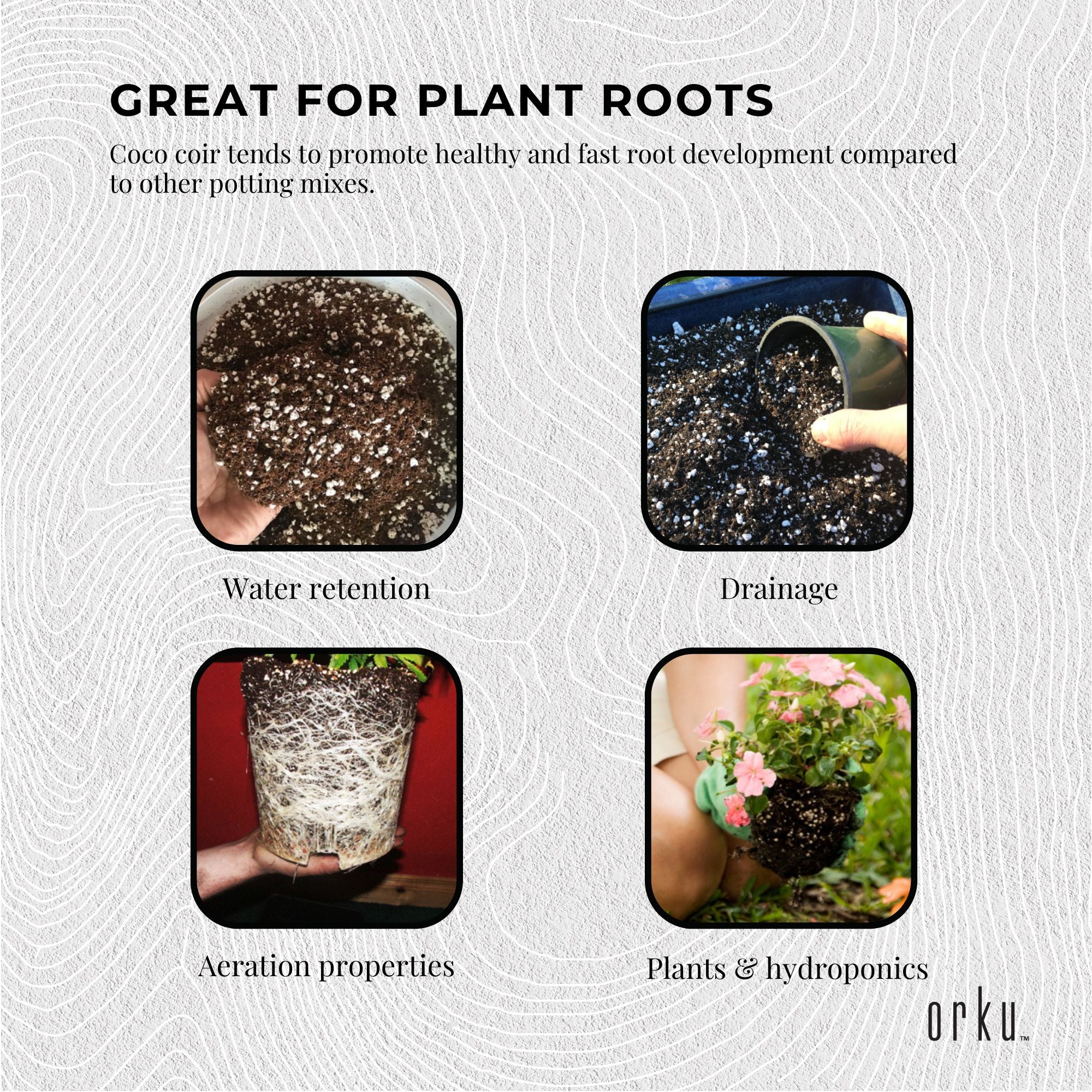 Coco coir perlite mix shown in tiles with close-up medium, hands, and small plants