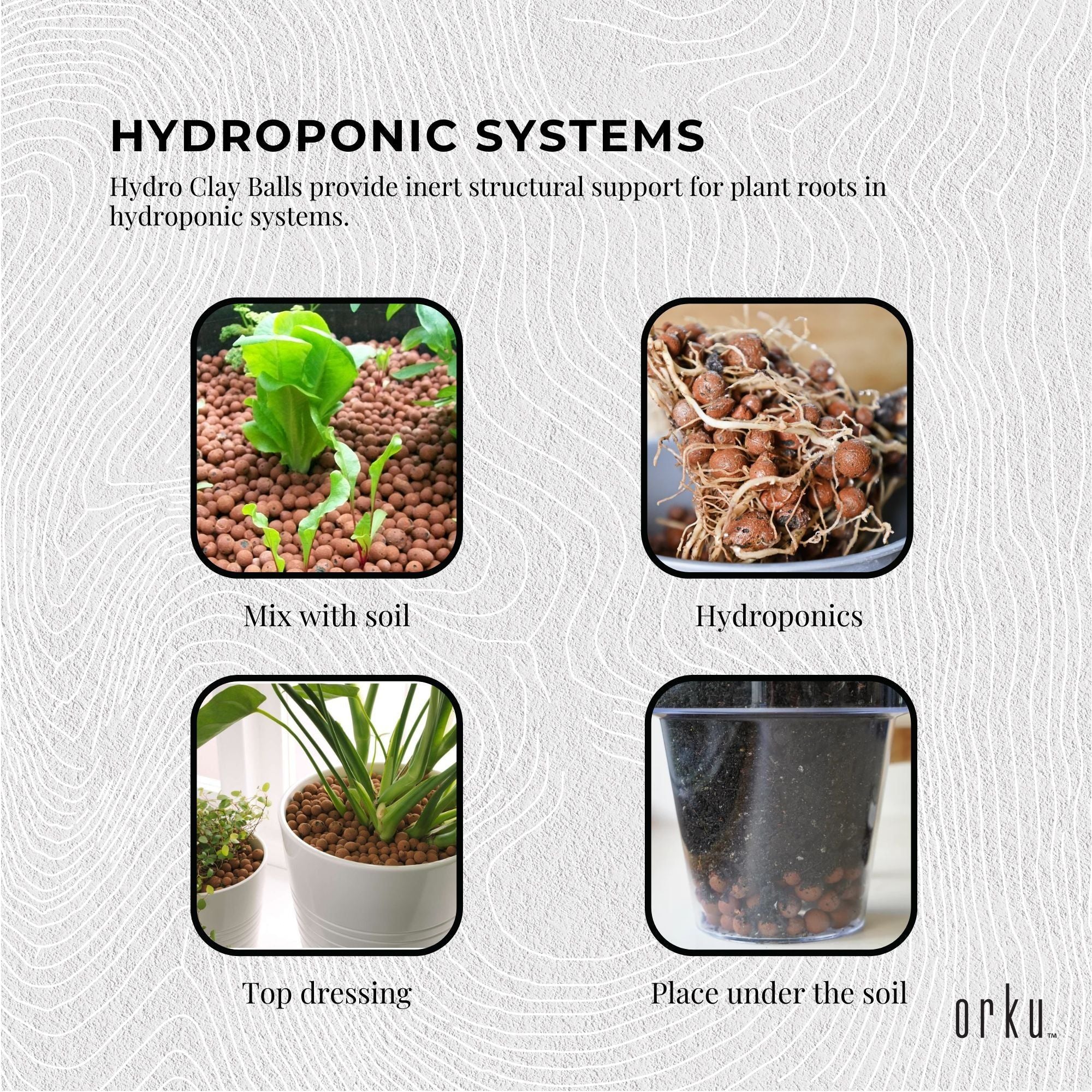 Hydro clay for plants infographic with four illustrated application scenarios