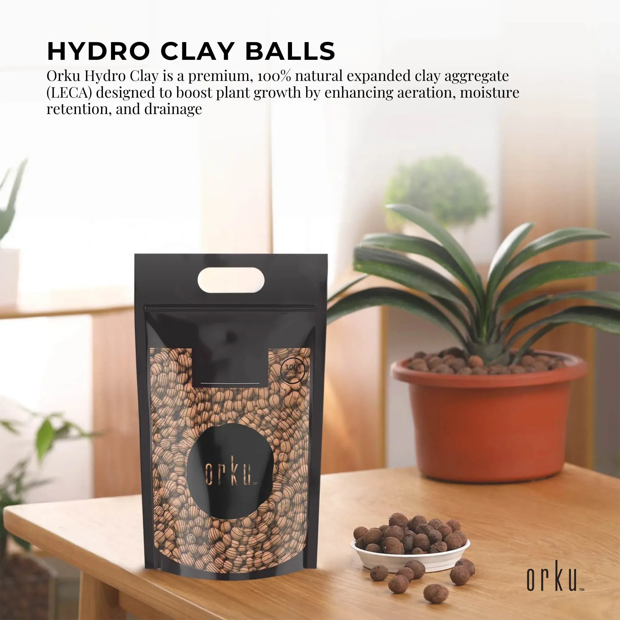 Hydro clay balls bag with tan clay pellets and a small bowl of clay balls on a table