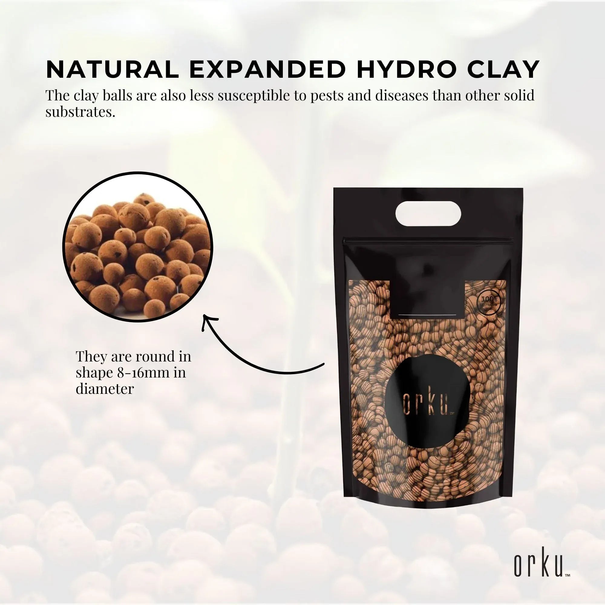 Natural expanded hydro clay balls in a black bag with round tan pellet texture