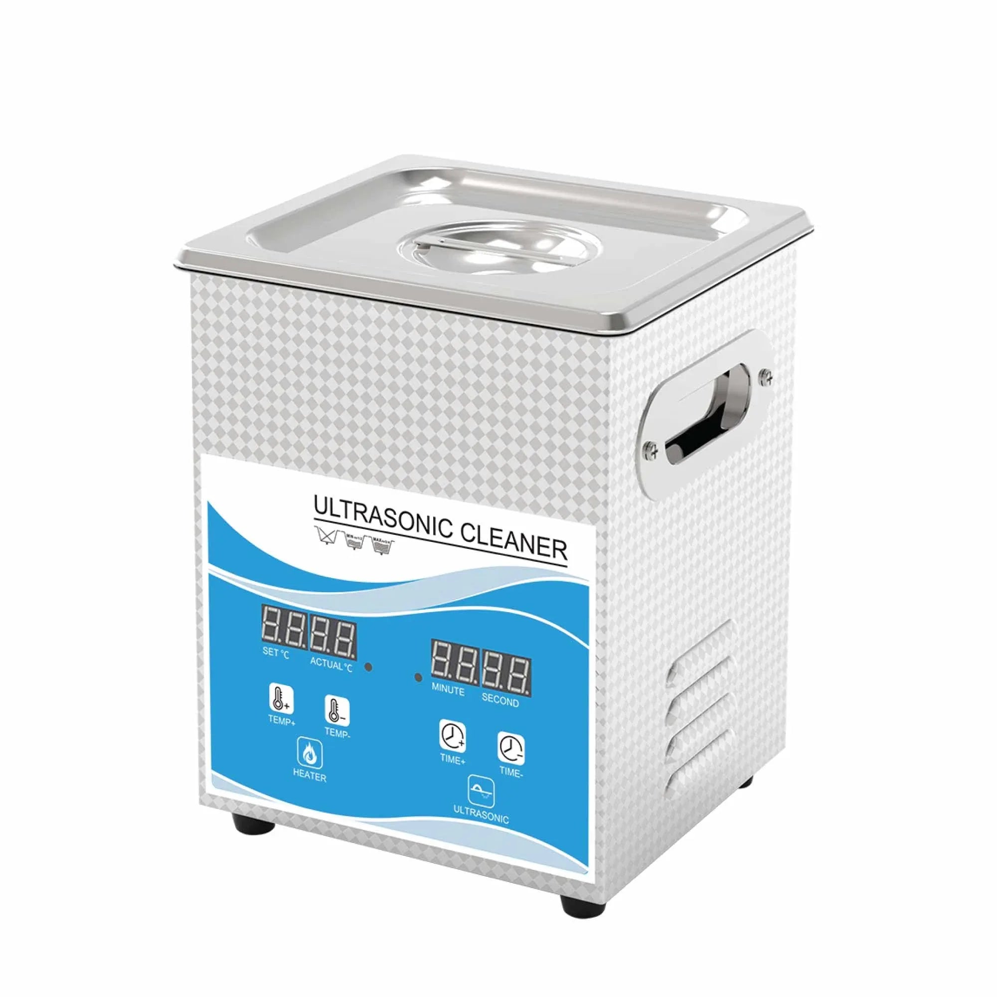 Stainless steel digital ultrasonic cleaner with blue control panel and front handle