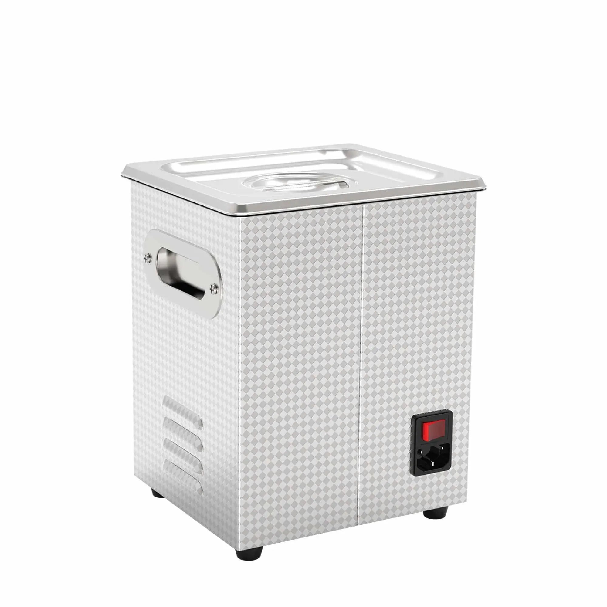 Stainless steel ultrasonic cleaner with side handle and power switch, compact countertop