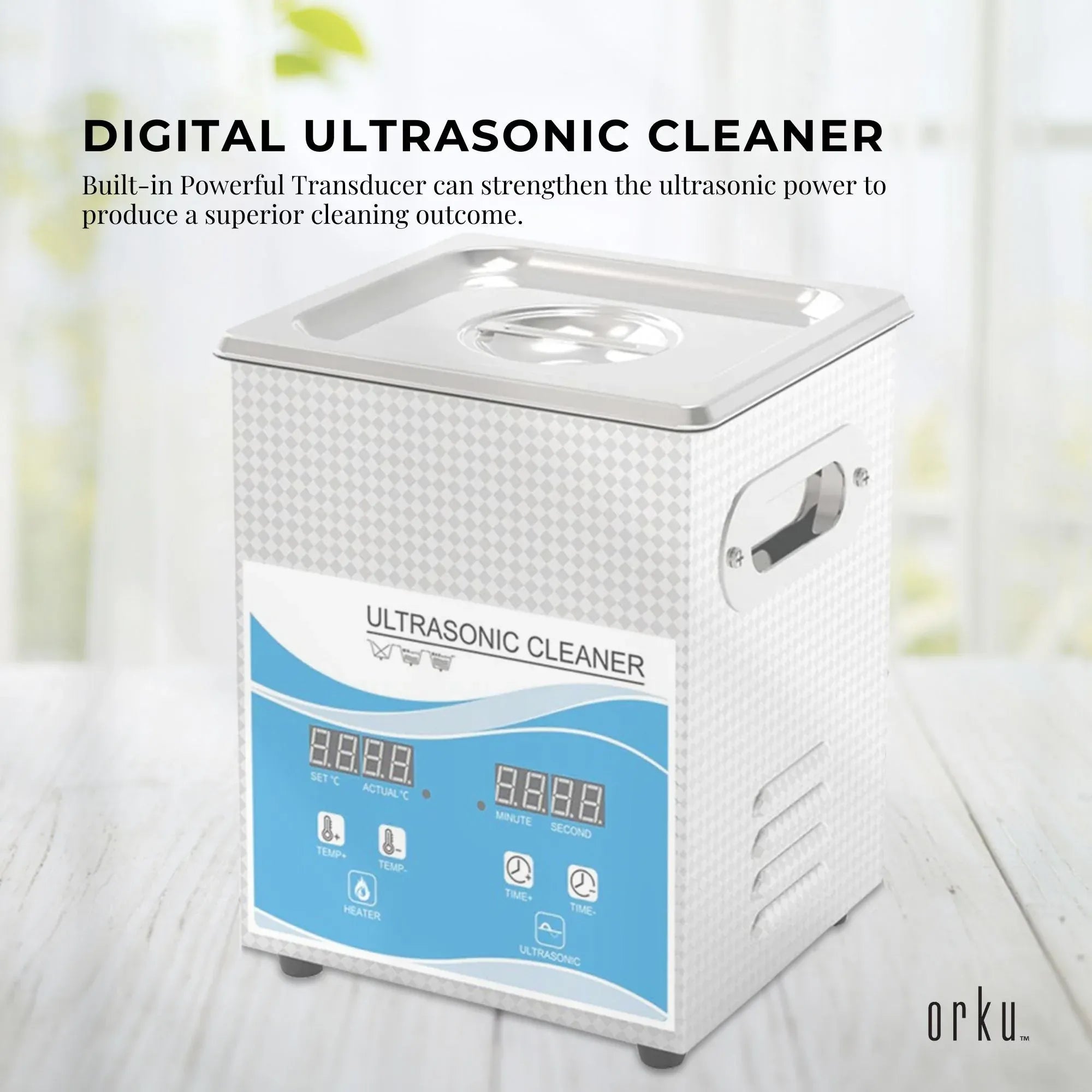 Stainless steel ultrasonic cleaner with blue digital display and recessed top lid