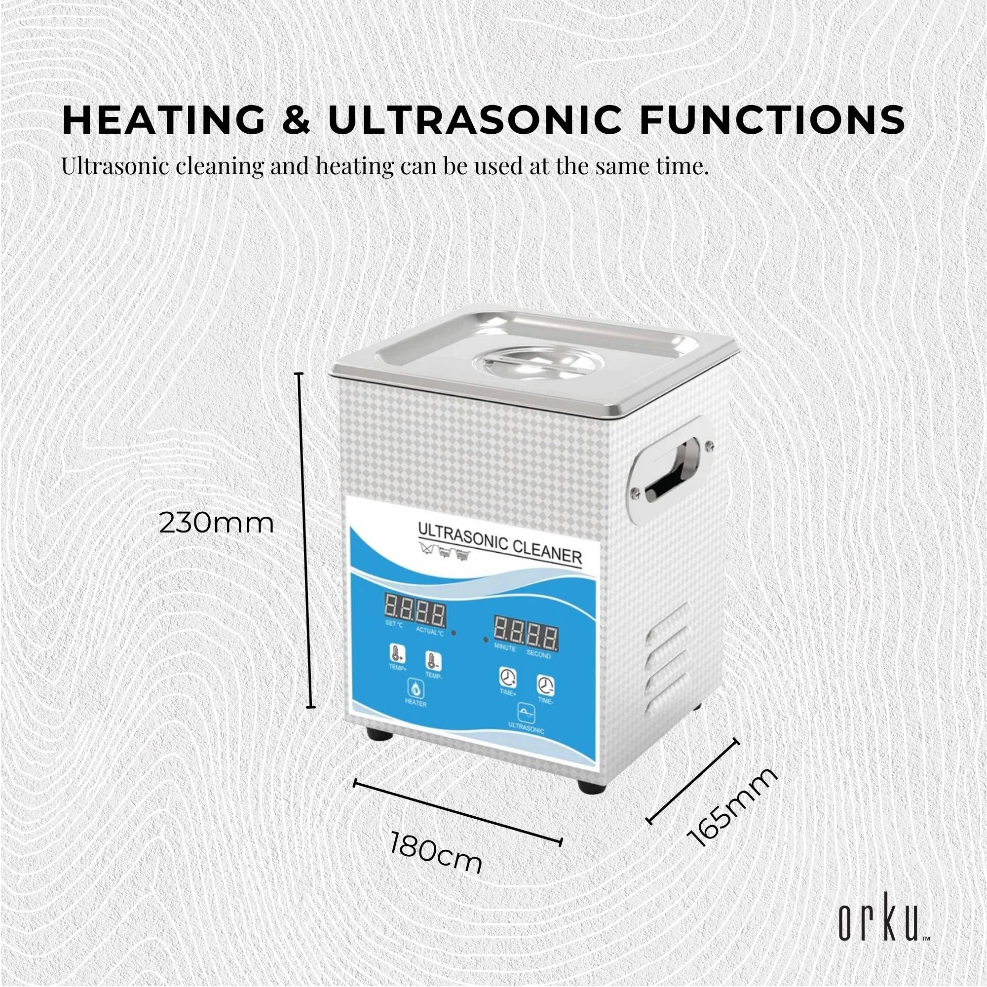 Compact stainless steel digital ultrasonic cleaner with blue display and top heating lid