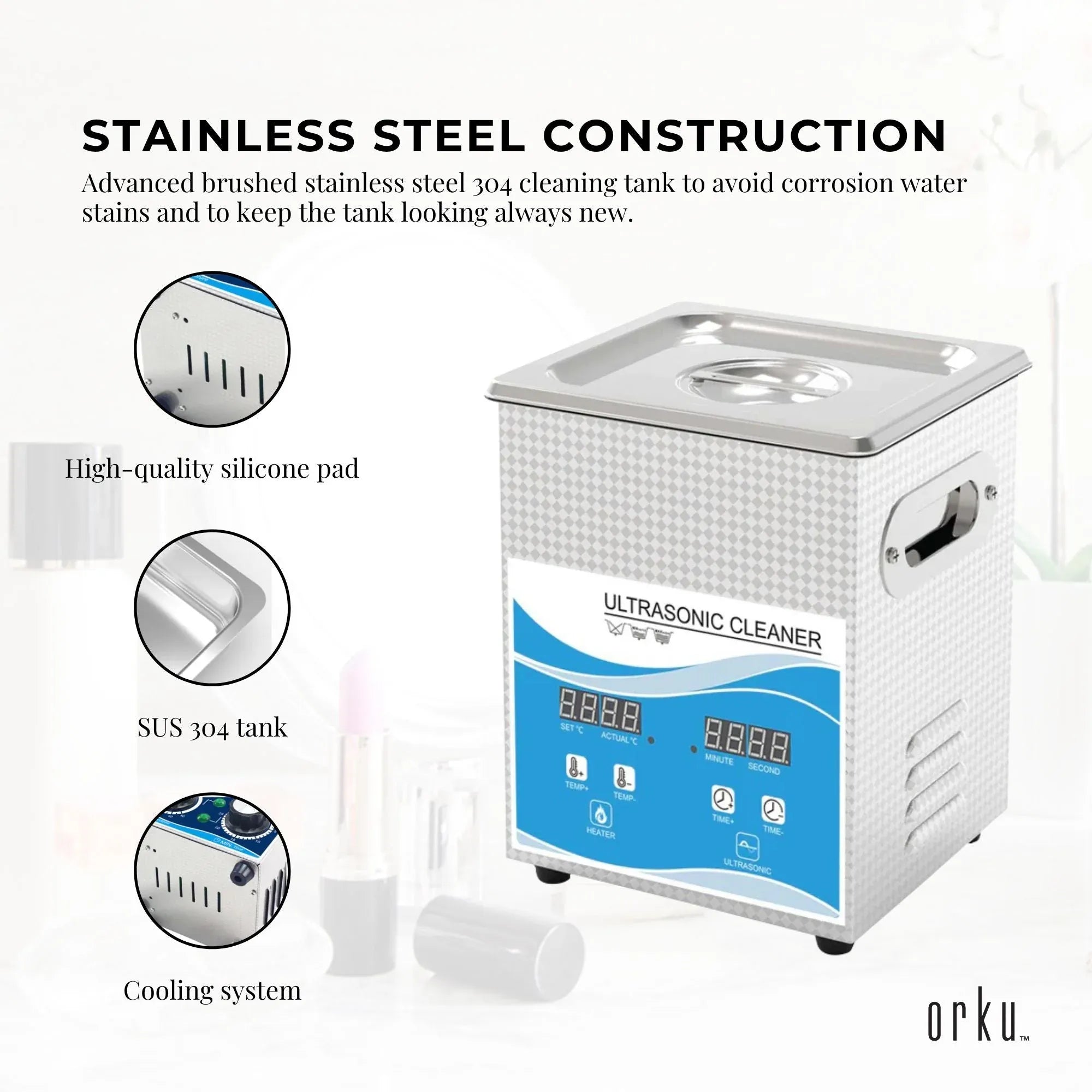 Stainless steel ultrasonic cleaner with blue digital display and corrosion-resistant SUS 304 tank