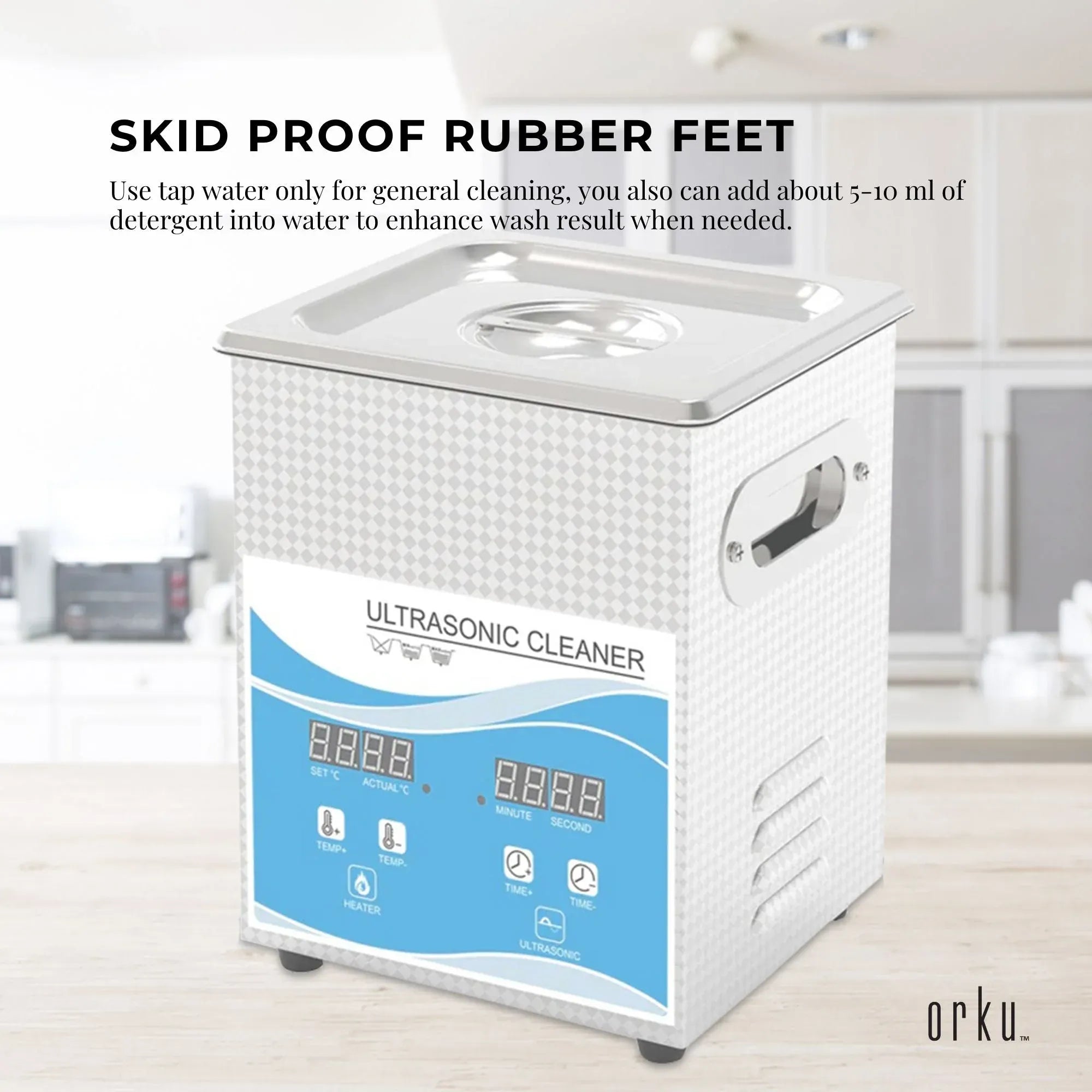 Stainless steel digital ultrasonic cleaner with blue display and rubber feet
