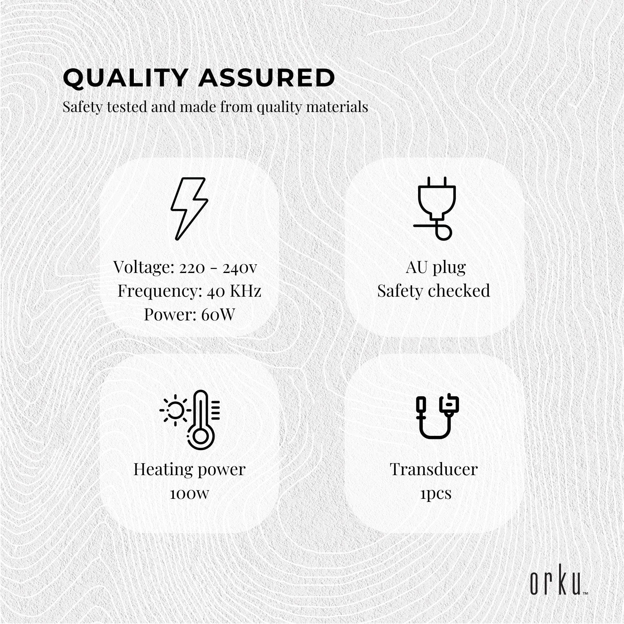 Ultrasonic cleaner quality assurance icons for voltage, heating power, and safety plug