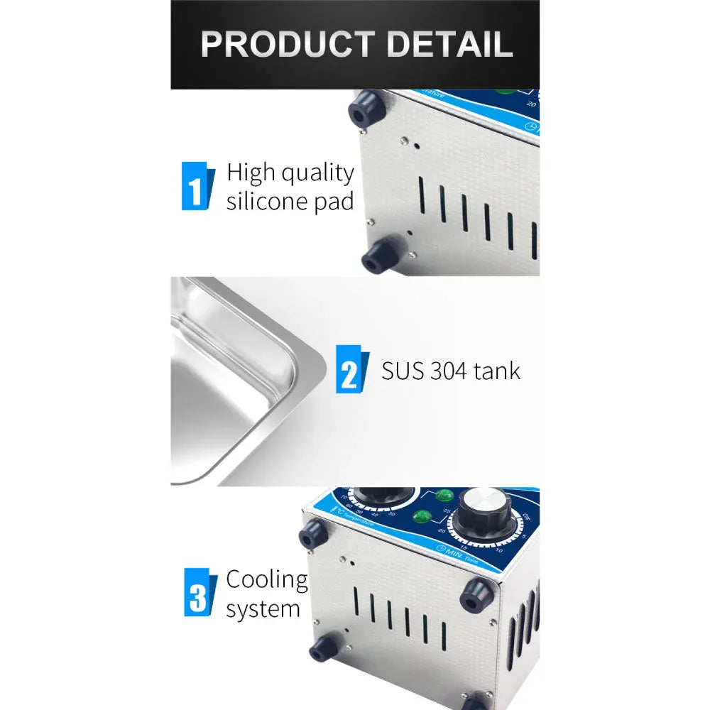 Stainless steel ultrasonic cleaner with silicone pad and control panel knobs