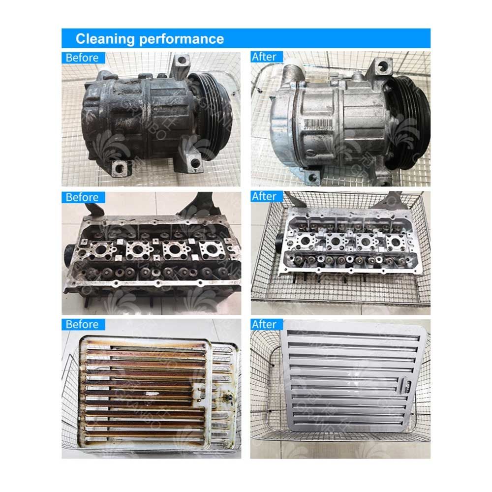 Ultrasonic cleaner basket with cleaned metal engine parts on grid tray