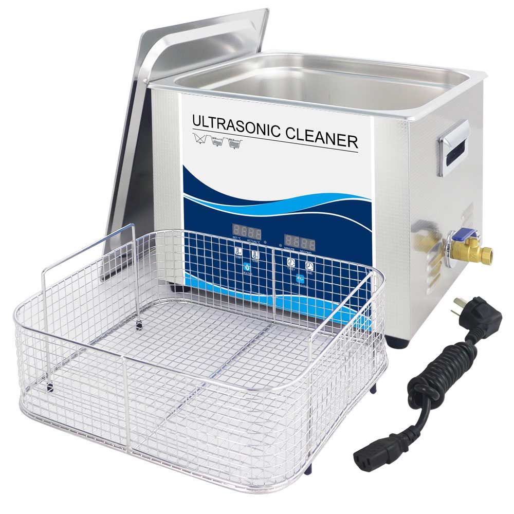 Ultrasonic cleaner with basket insert, open stainless tank, power cord, and side port