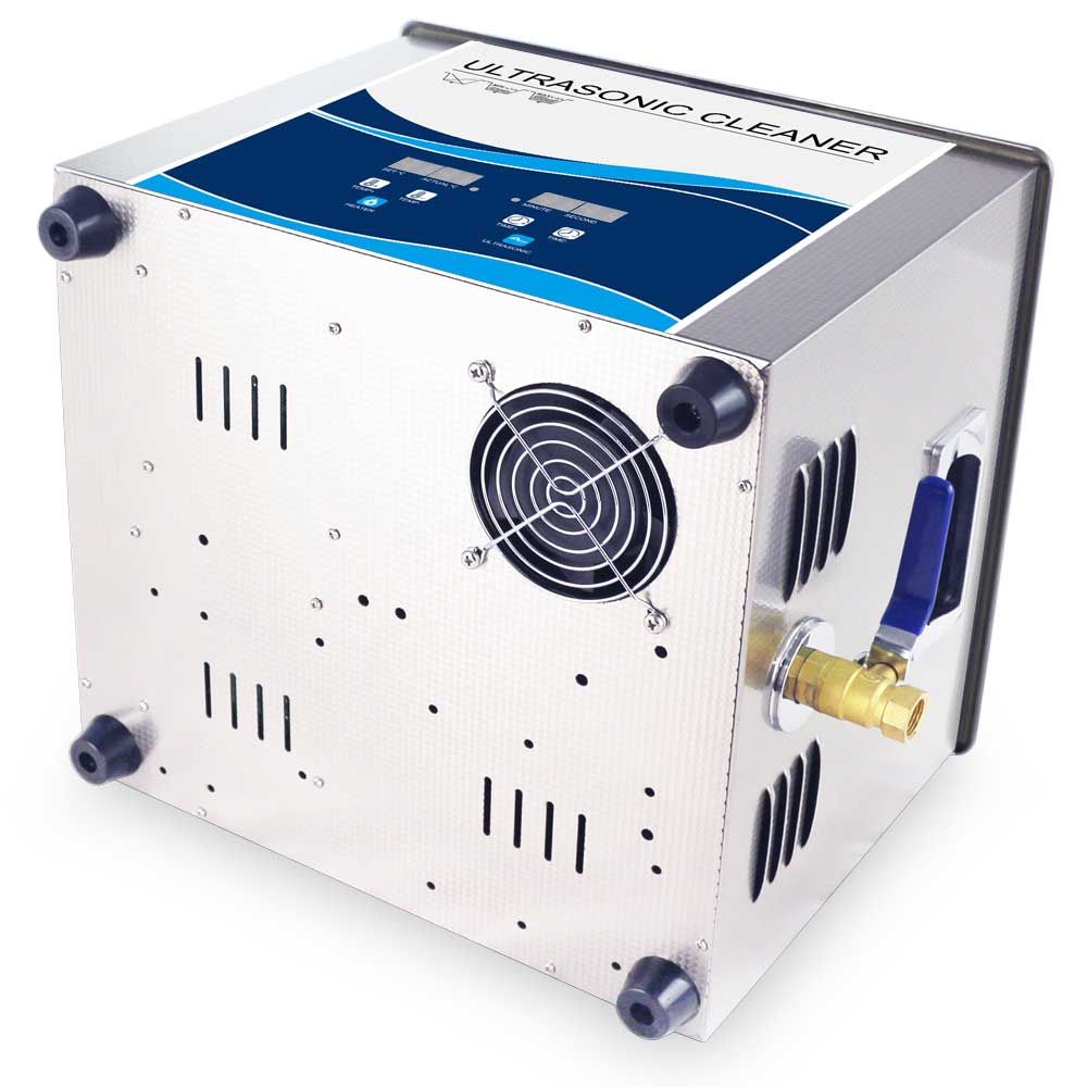 Ultrasonic cleaner base with cooling vents, blue control panel, and power supply knobs