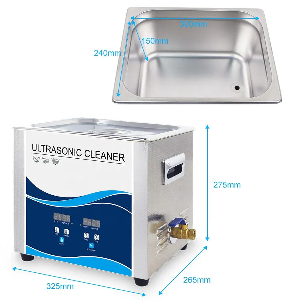 Ultrasonic cleaner dimensions diagram showing stainless tank and front control side