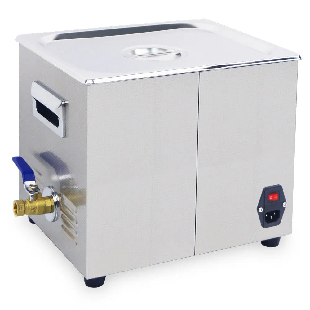 Compact ultrasonic cleaner with side faucet valve, power switch, and top cover