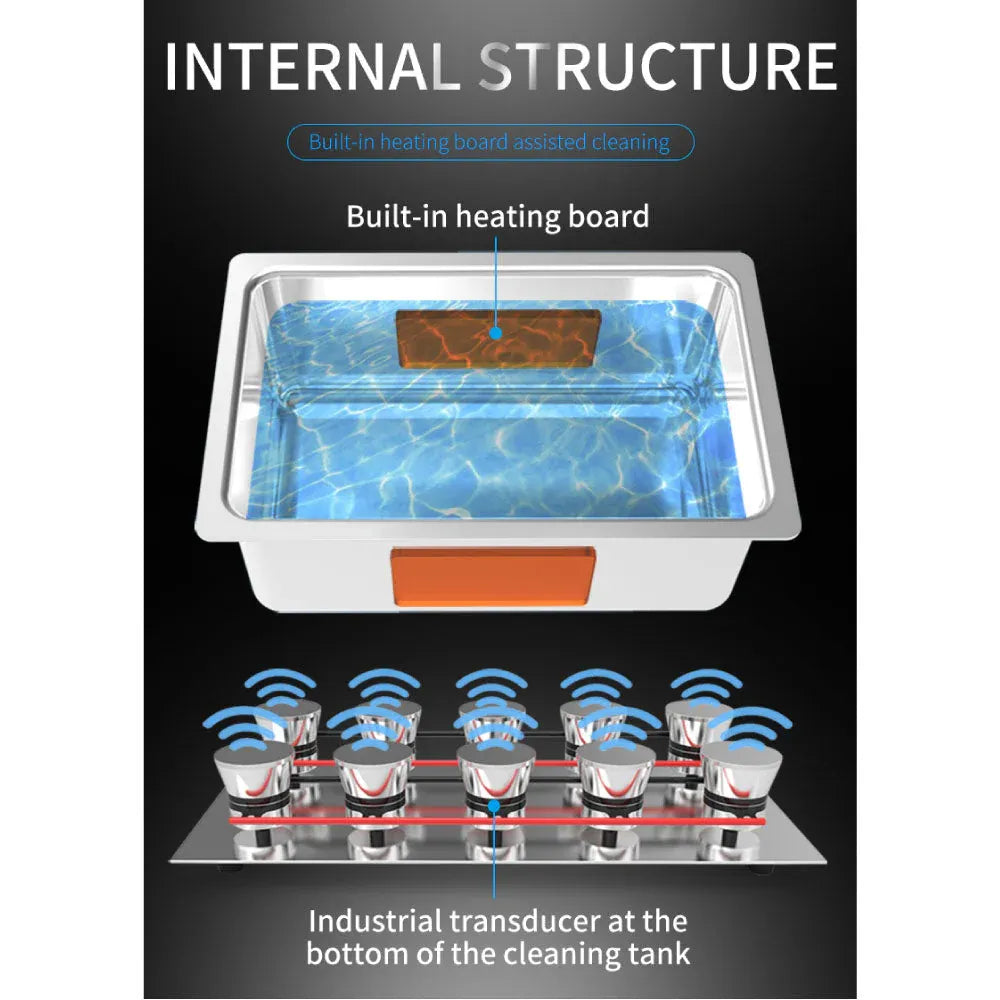 Ultrasonic cleaner with built-in heating board and ultrasonic transducer layout diagram