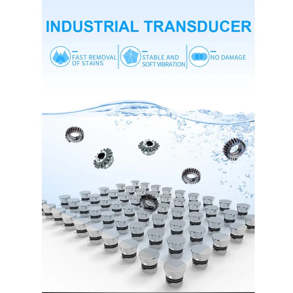 Ultrasonic cleaner transducer array over bath water for industrial cleaning diagram