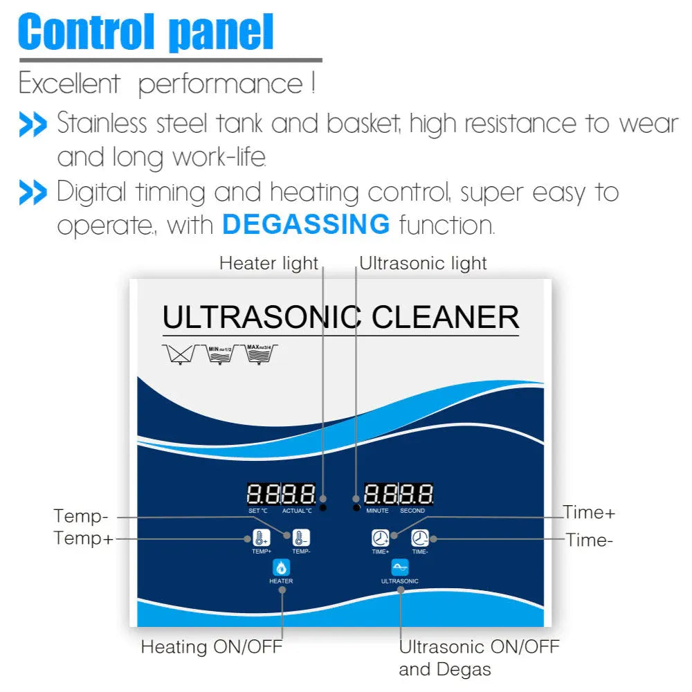 Digital ultrasonic cleaner control panel with dual 888.8 displays, heater and ultrasonic lights