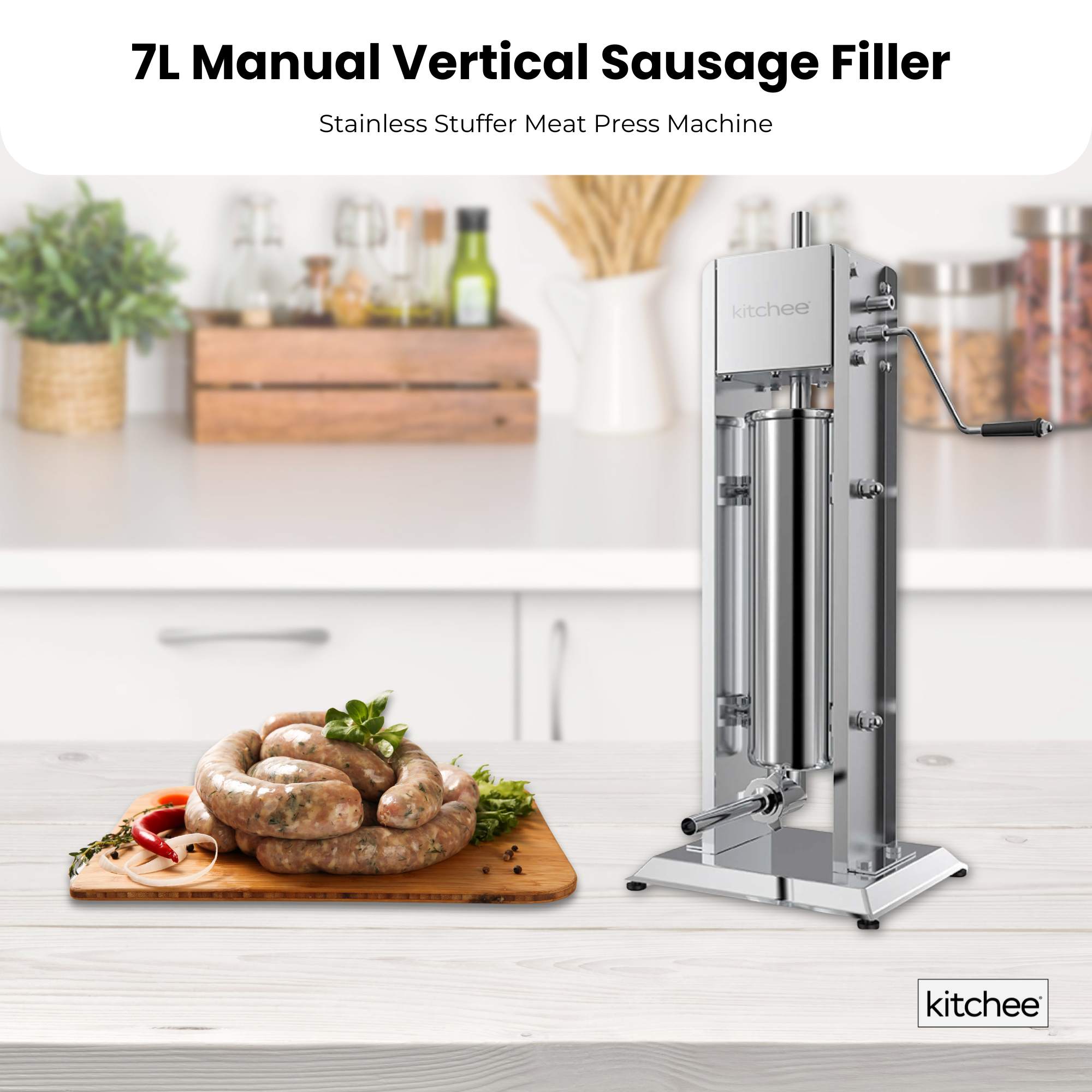 Kitchee 7L Manual Vertical Sausage Filler - Stainless Stuffer Meat Press Machine