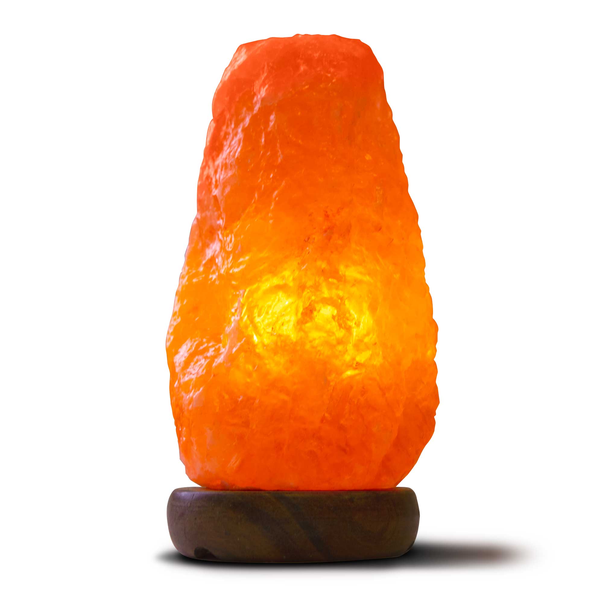 Pink Himalayan salt lamp with glowing rock crystal and dark wooden base