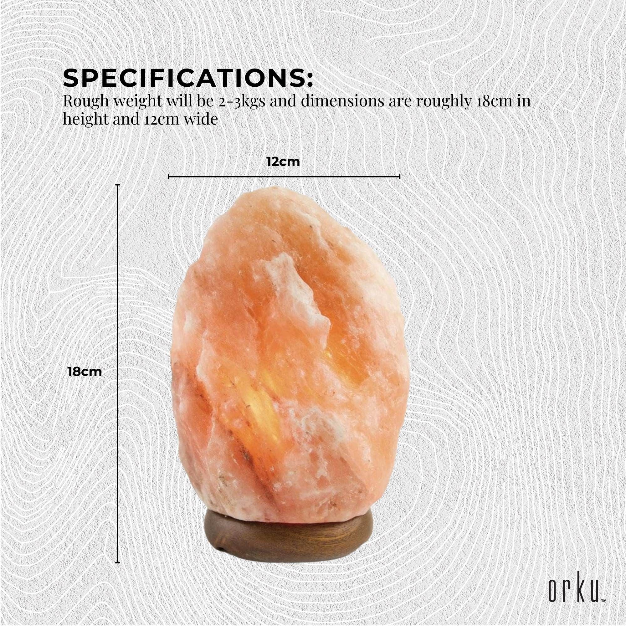 Himalayan pink salt rock lamp on dark base with size dimensions shown
