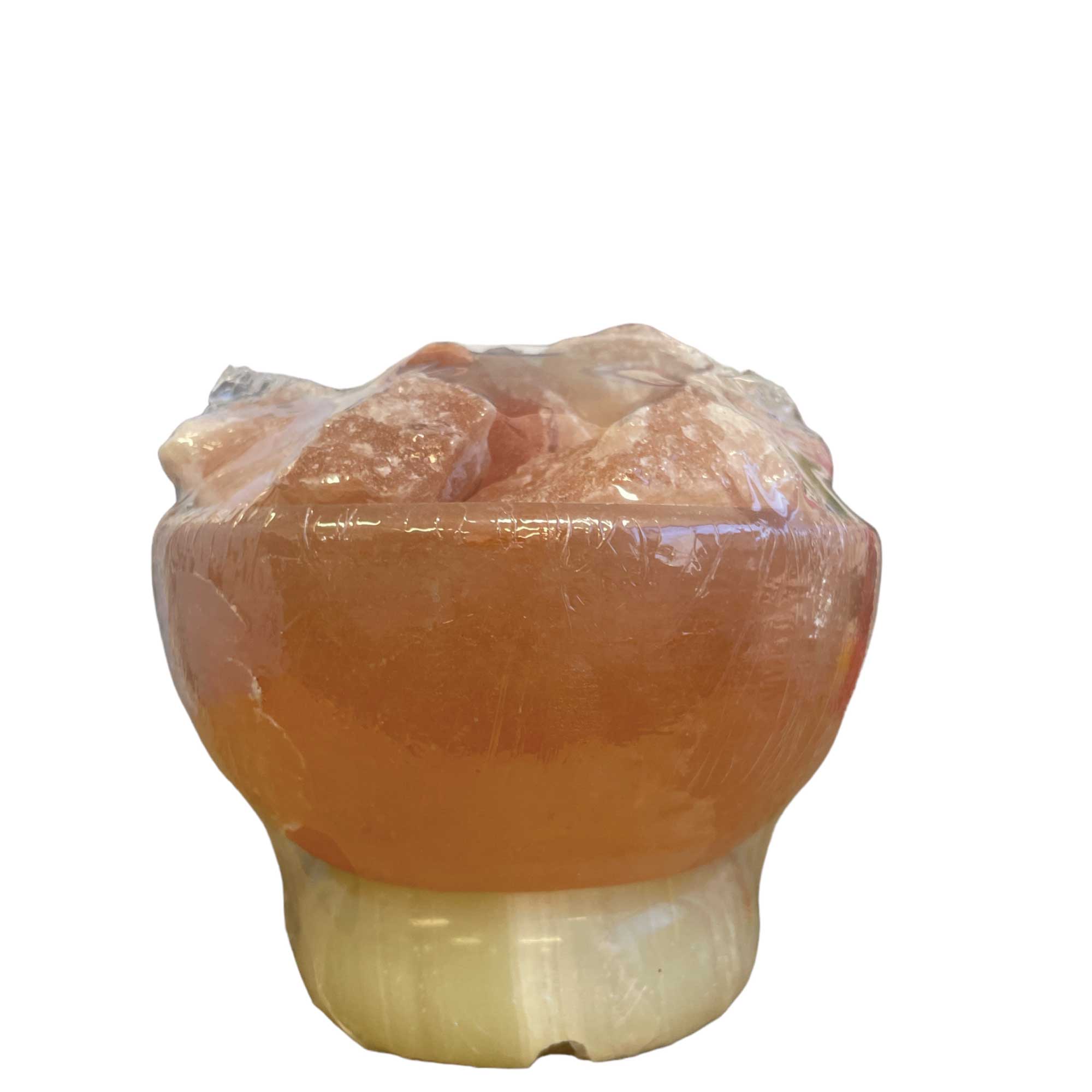 Himalayan salt fire bowl lamp base with carved crystal rock top, unlit
