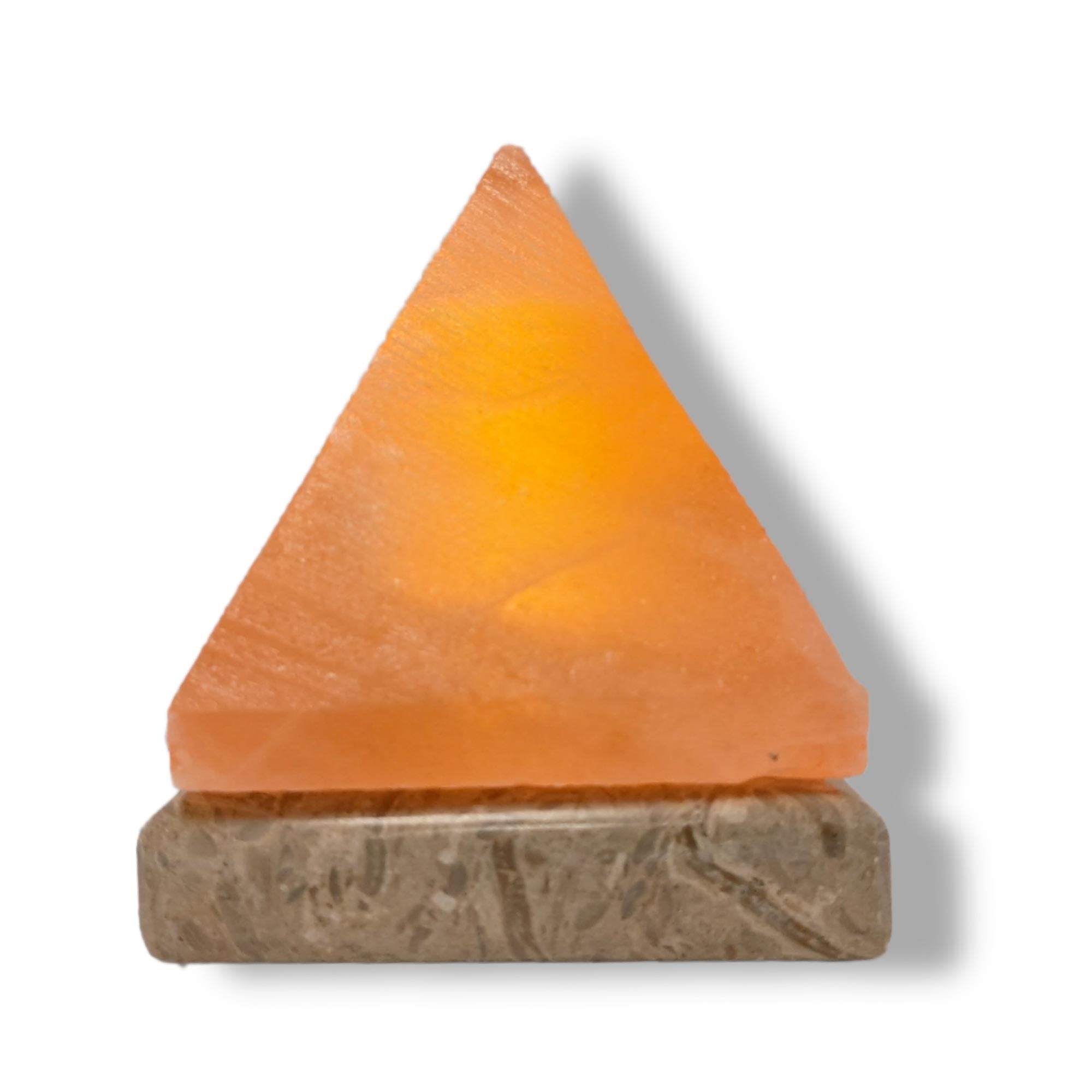 Orku USB Himalayan salt lamp pyramid with warm orange glow and crystal base