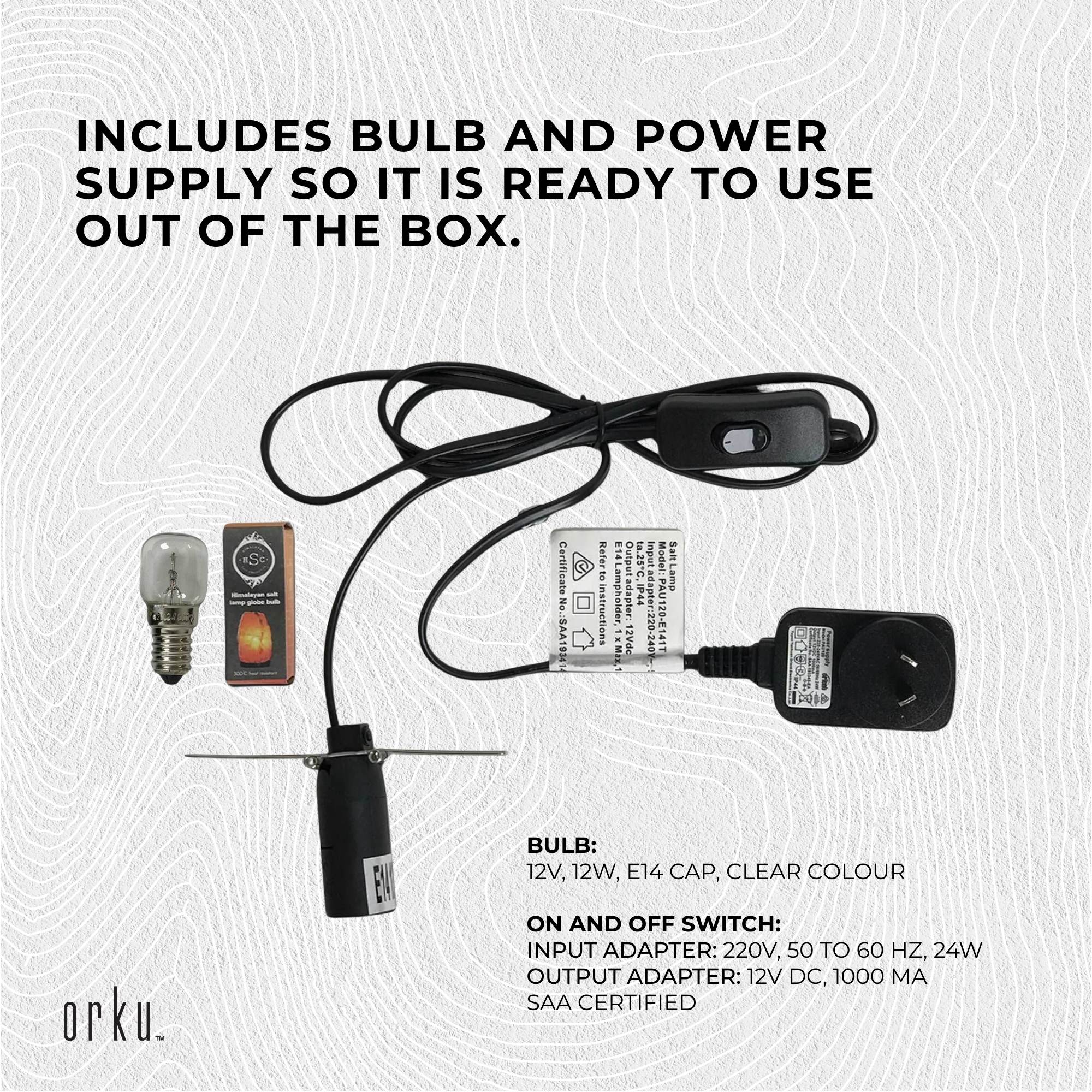 Salt lamp power cord, bulb, and adapter components for use.