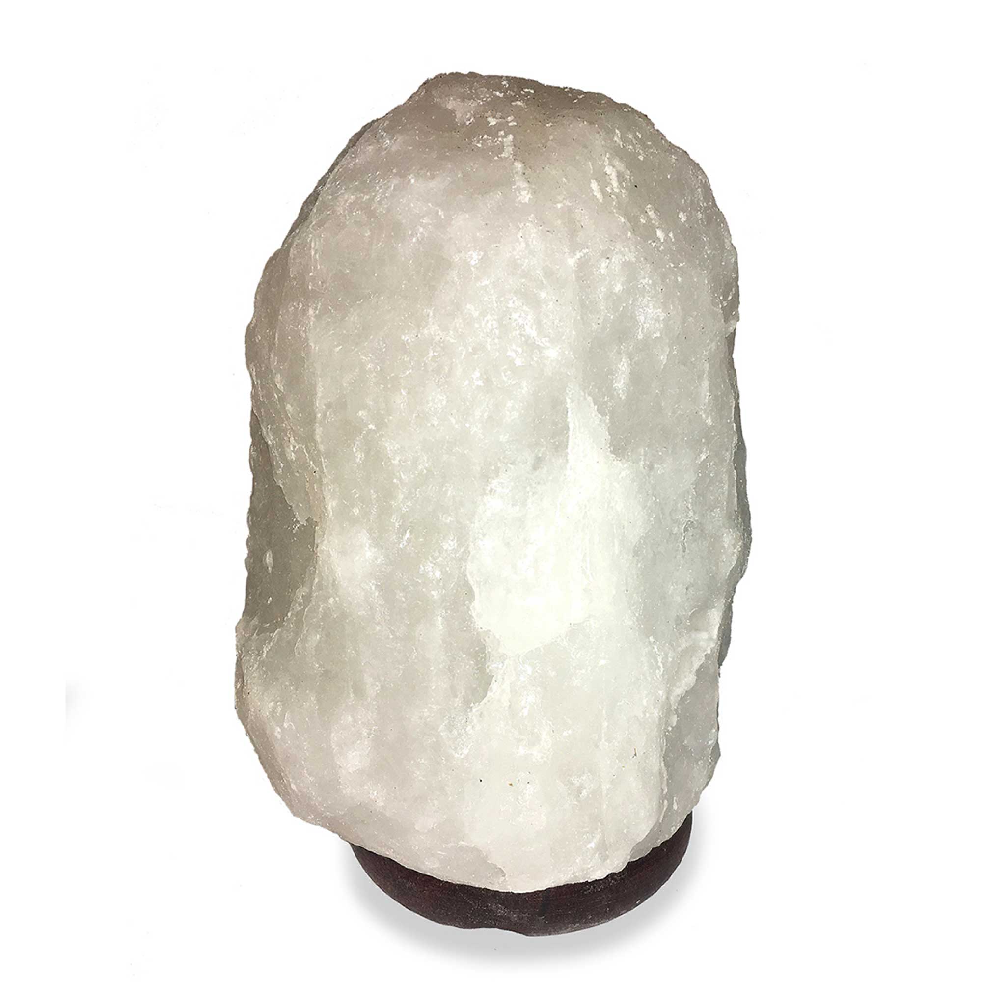 Himalayan white salt lamp with textured crystal rock surface and dark base.