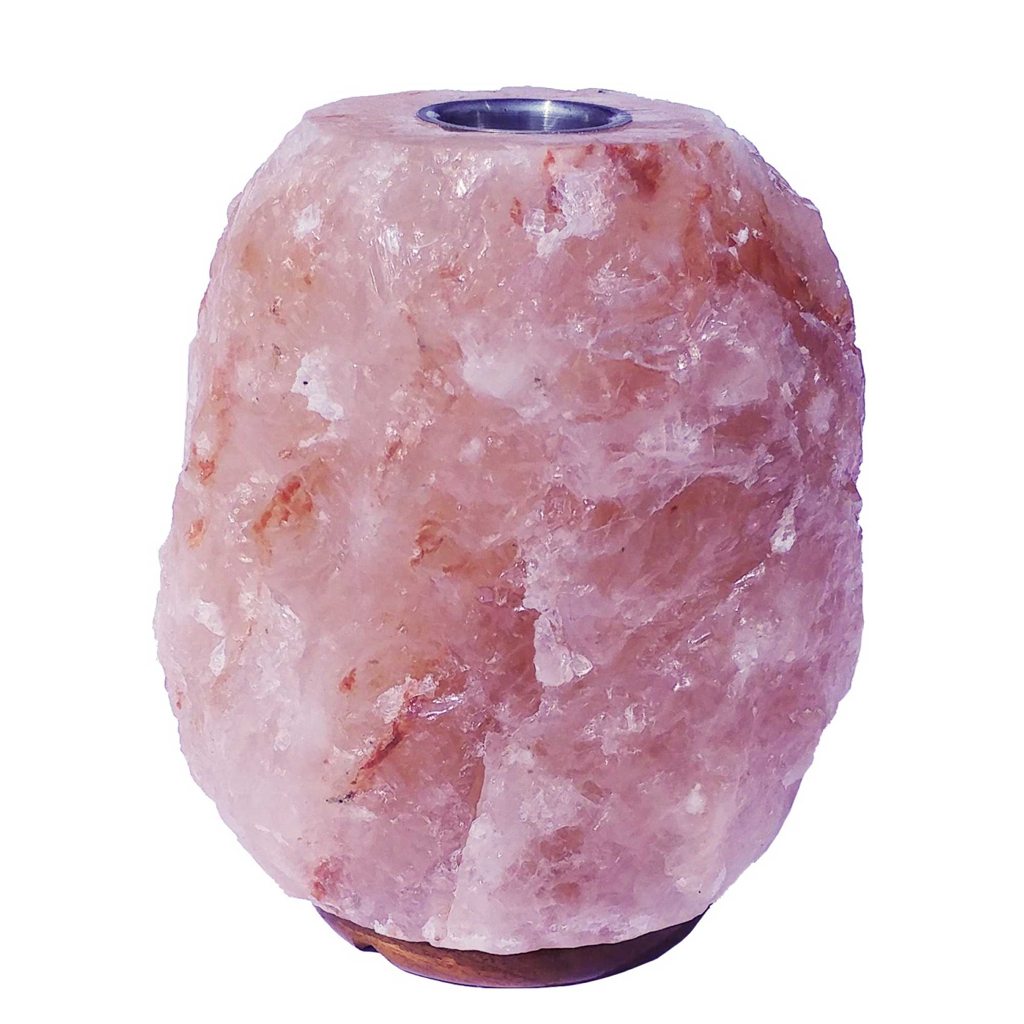 Himalayan pink salt diffuser lamp, translucent pink crystal with dark base and top cup