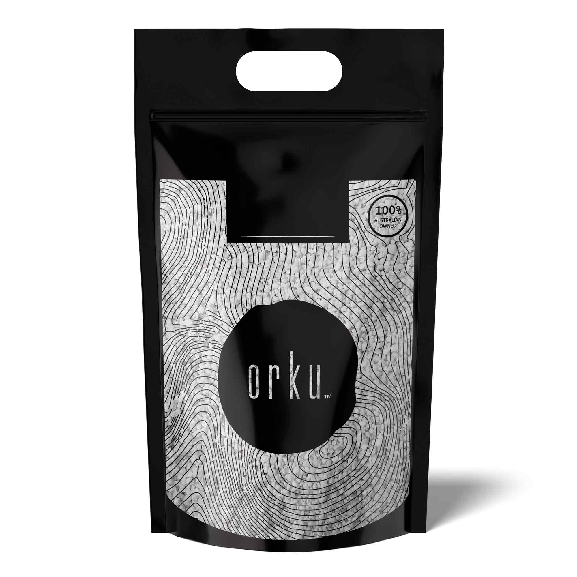 Orku perlite coarse soil bag, black pouch with gray logo and top handle opening