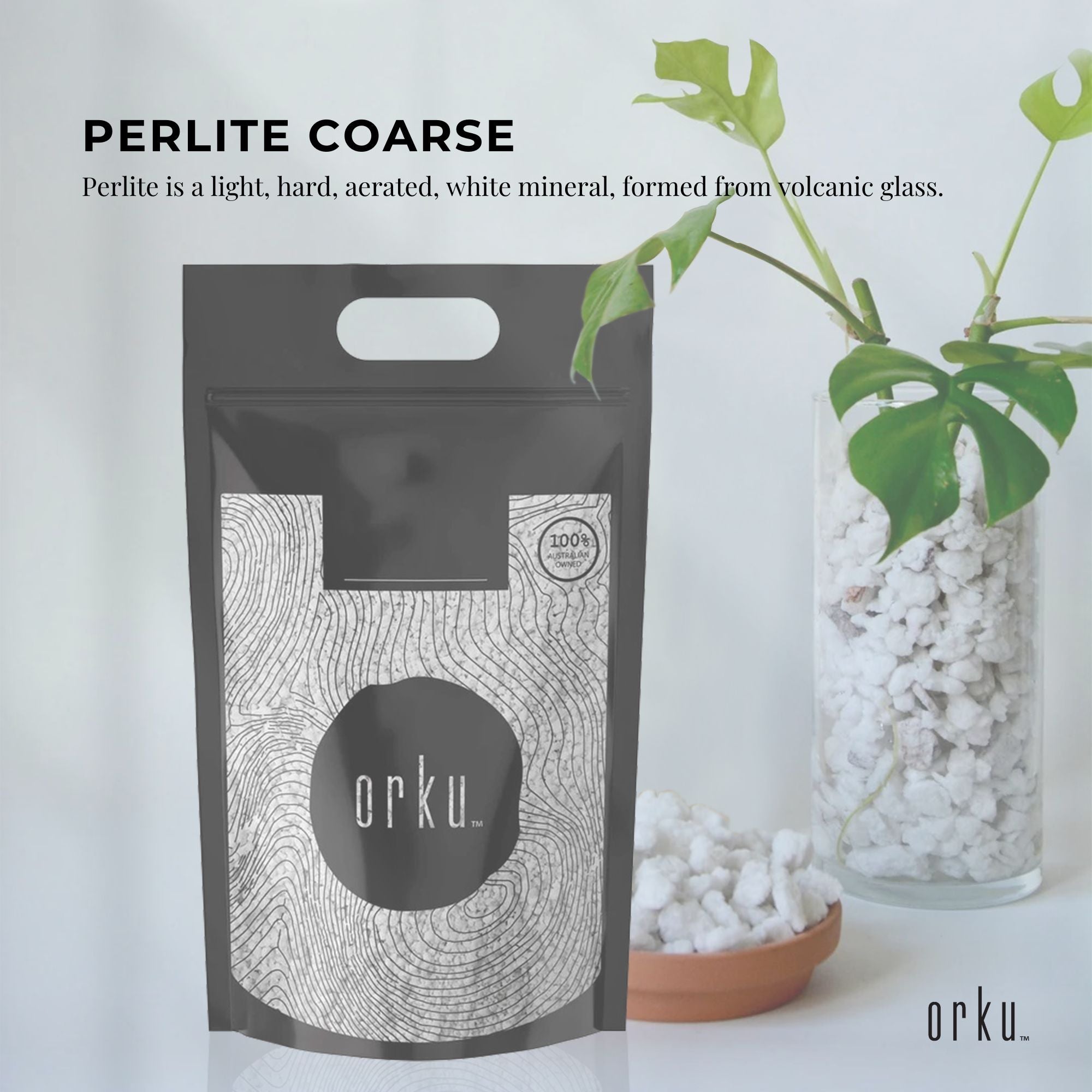 Orku perlite coarse bag with white perlite stones and small green plant in pot, black pouch