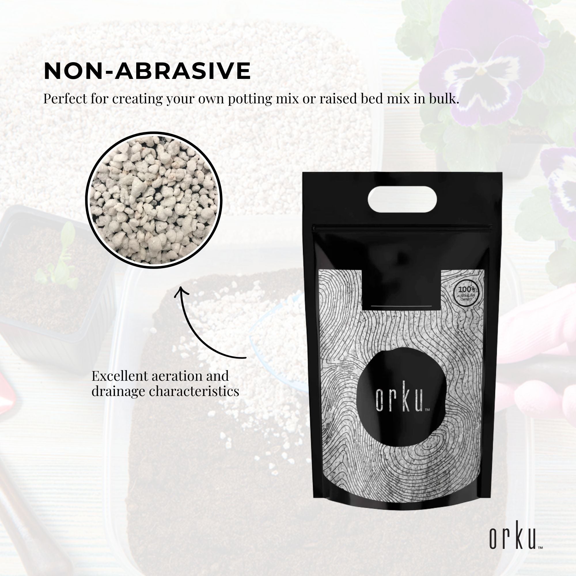 Orku perlite coarse bag with inset of white perlite stones, black pouch and top handle opening