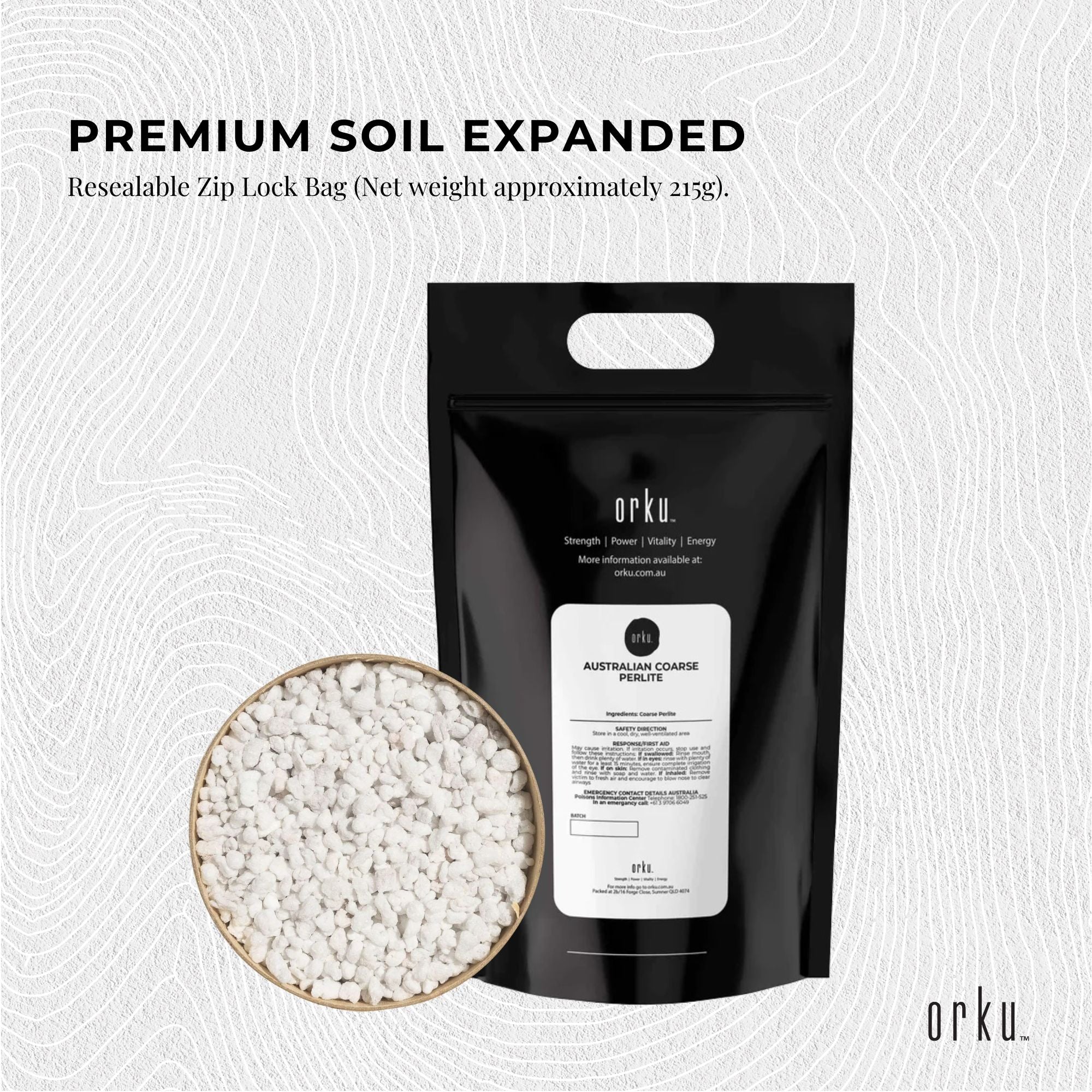 Orku expanded perlite soil bag with bowl of small white perlite stones.