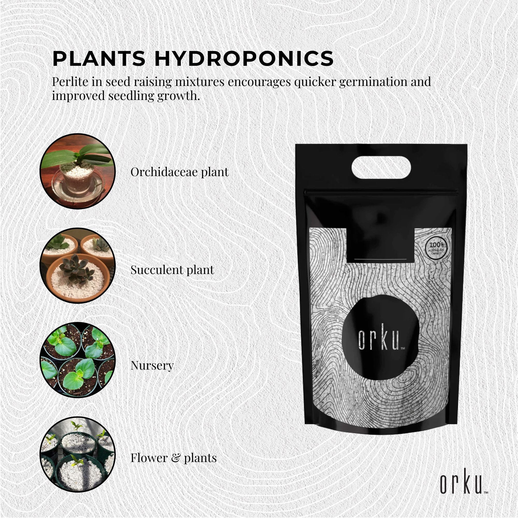 Orku perlite soil bag for hydroponics, black pouch with oval logo on front.