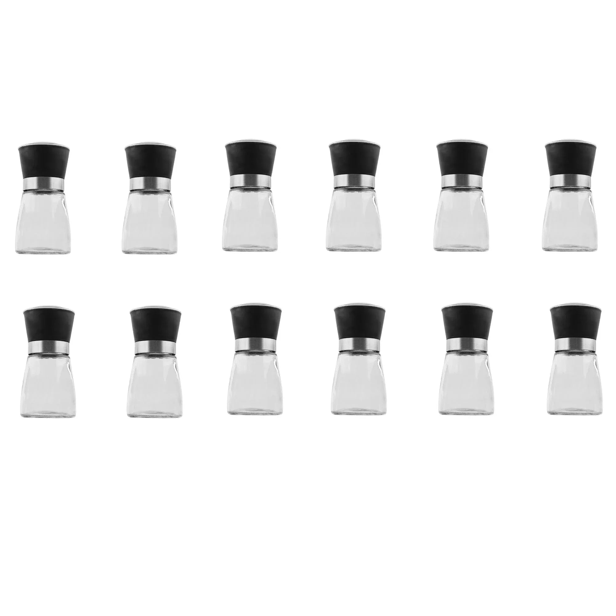 Glass salt or pepper grinder set, black caps, ceramic core, short mill