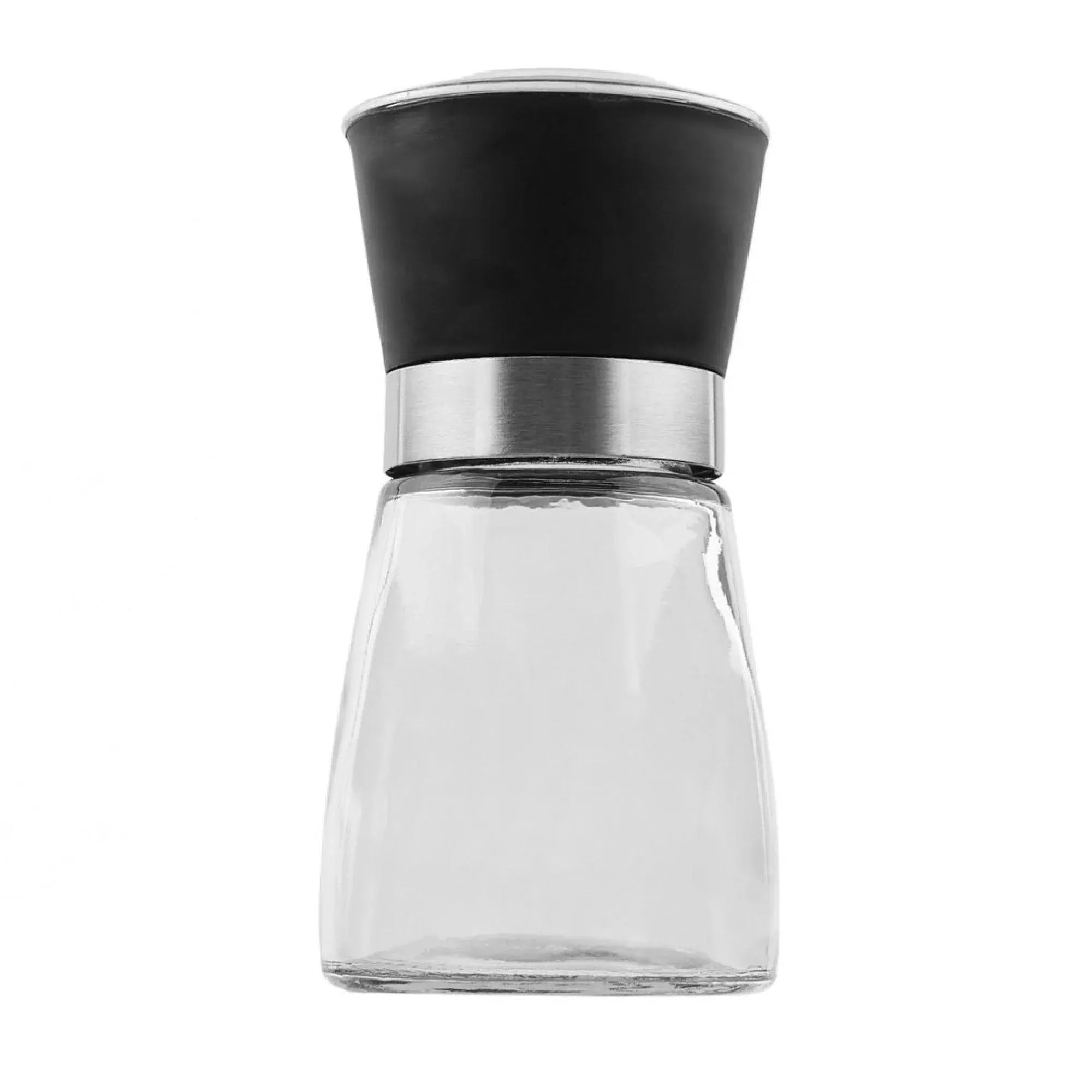 Clear glass salt or pepper grinder with black top and stainless collar