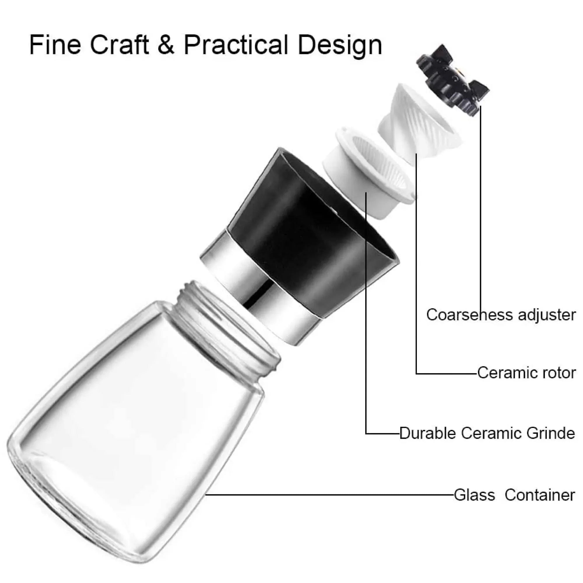 Short glass salt or pepper grinder with adjustable ceramic rotor inside