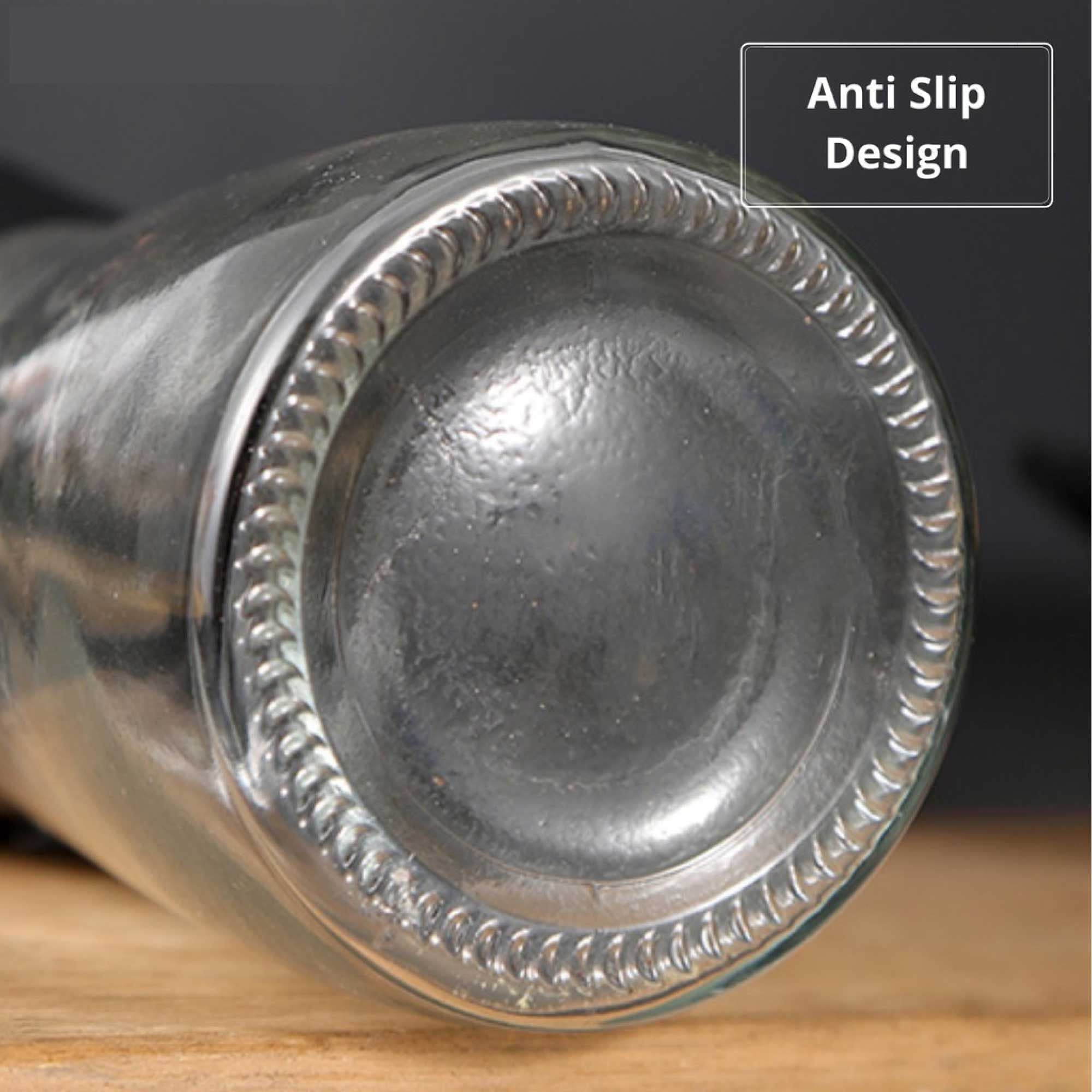 Glass grinder base with textured anti-slip ring and stainless finish