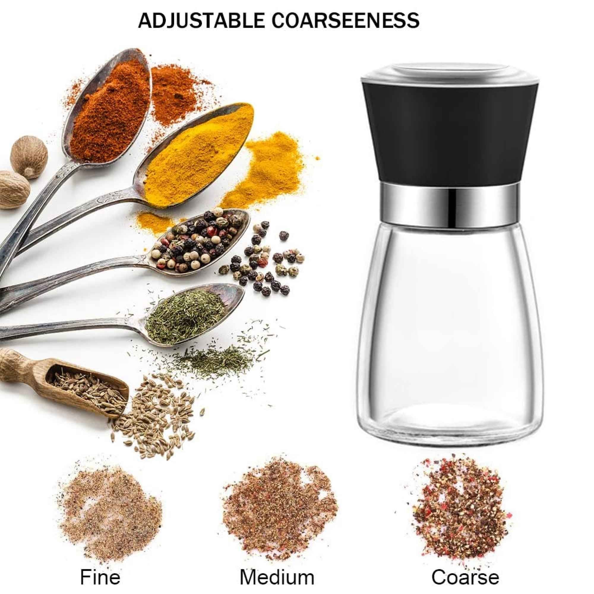 Adjustable glass salt or pepper grinder showing fine to coarse settings