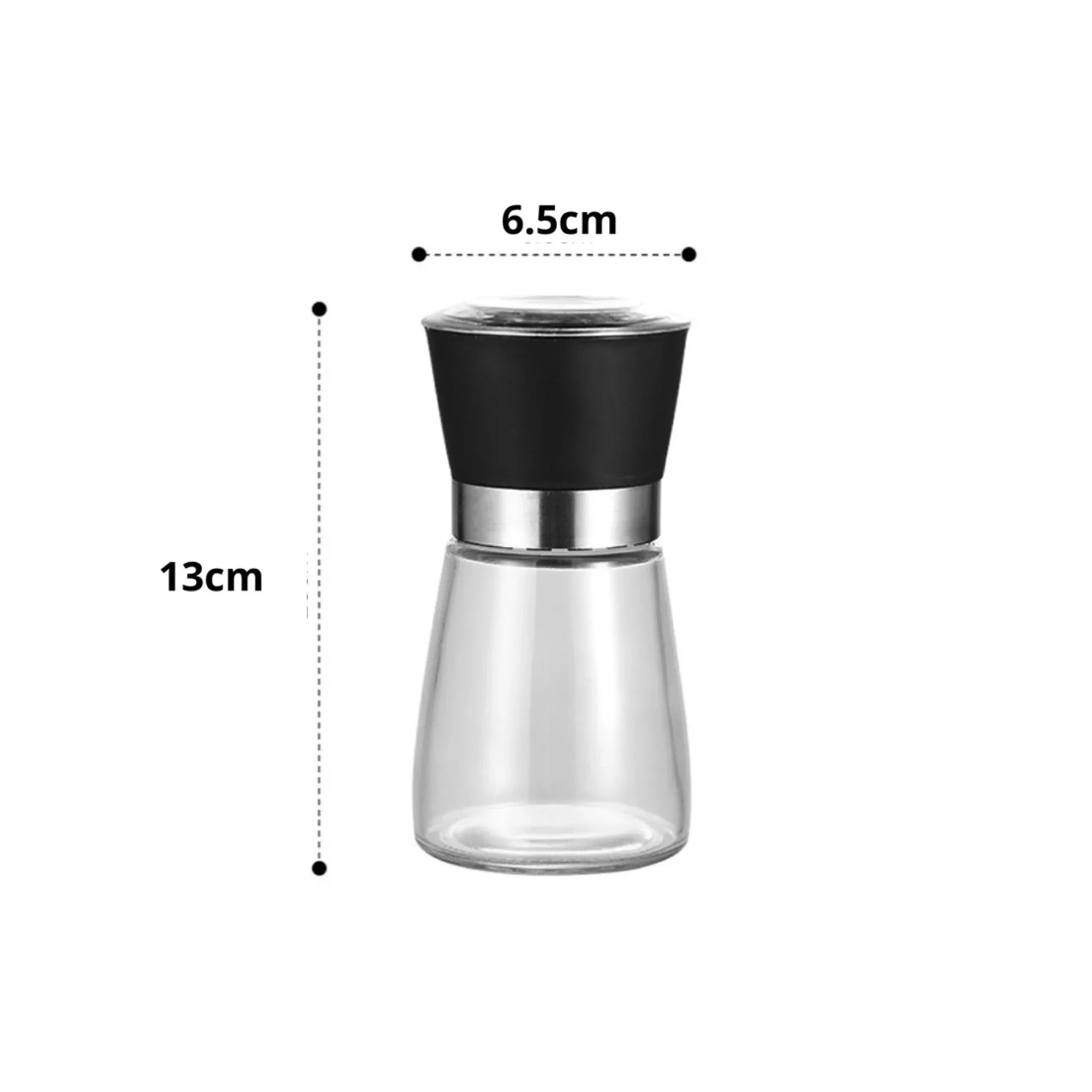 Glass salt or pepper grinder, 13 cm tall, 6.5 cm wide with black top