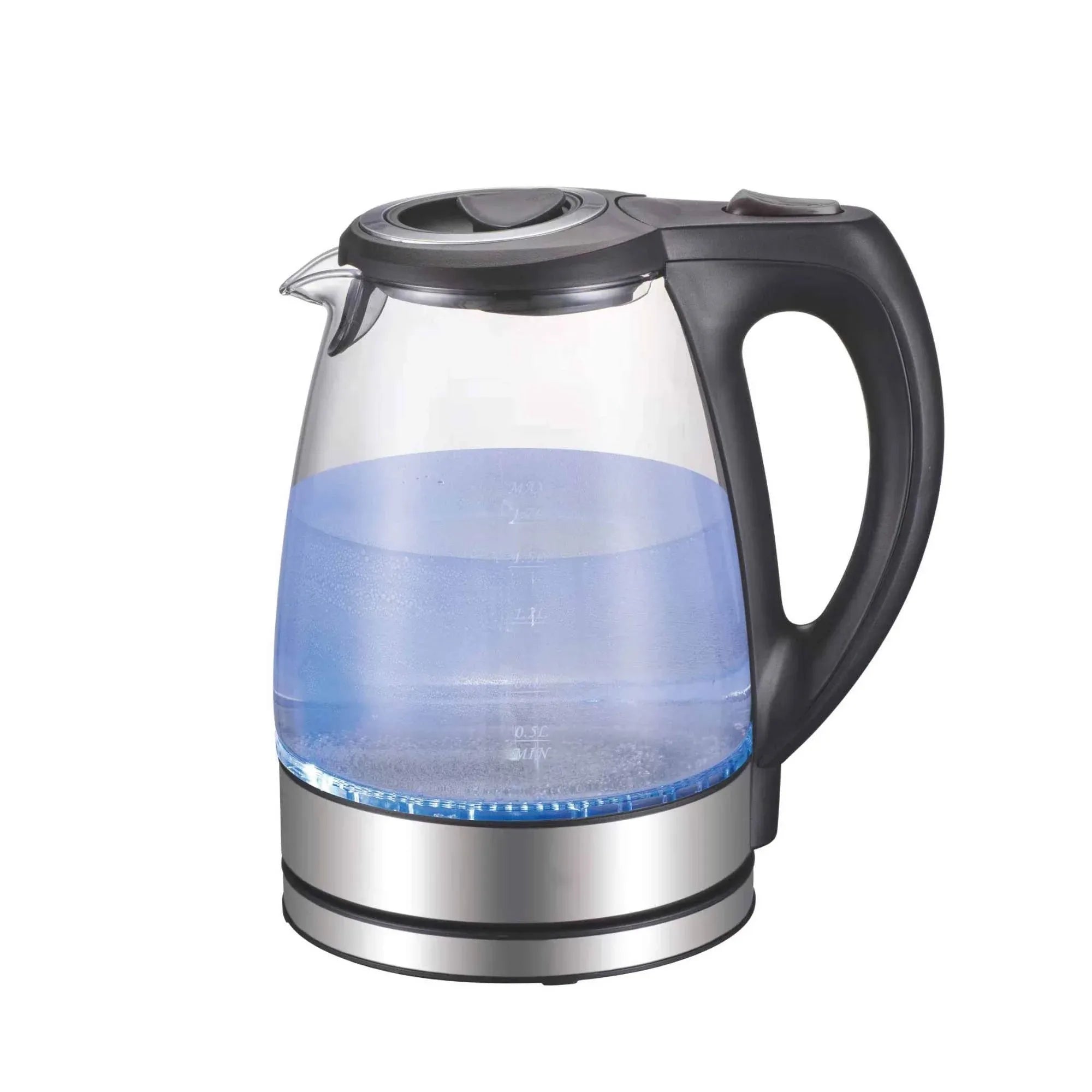 1.7L glass electric kettle with blue LED water line, black handle and spout
