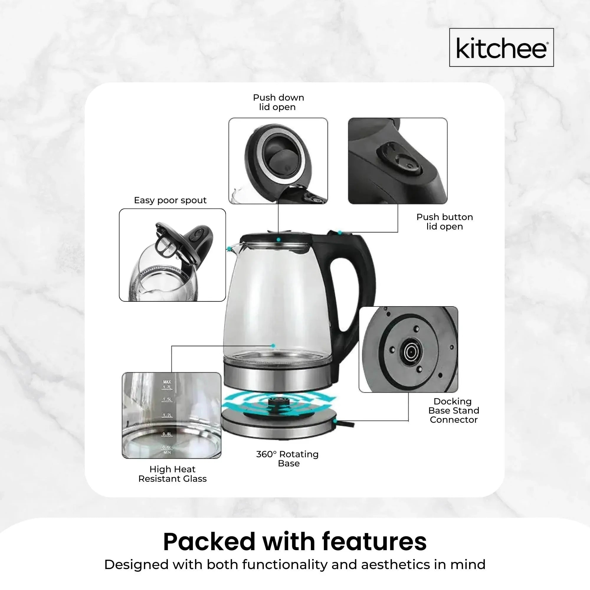 Glass electric kettle with black lid and push button, labeled feature callouts