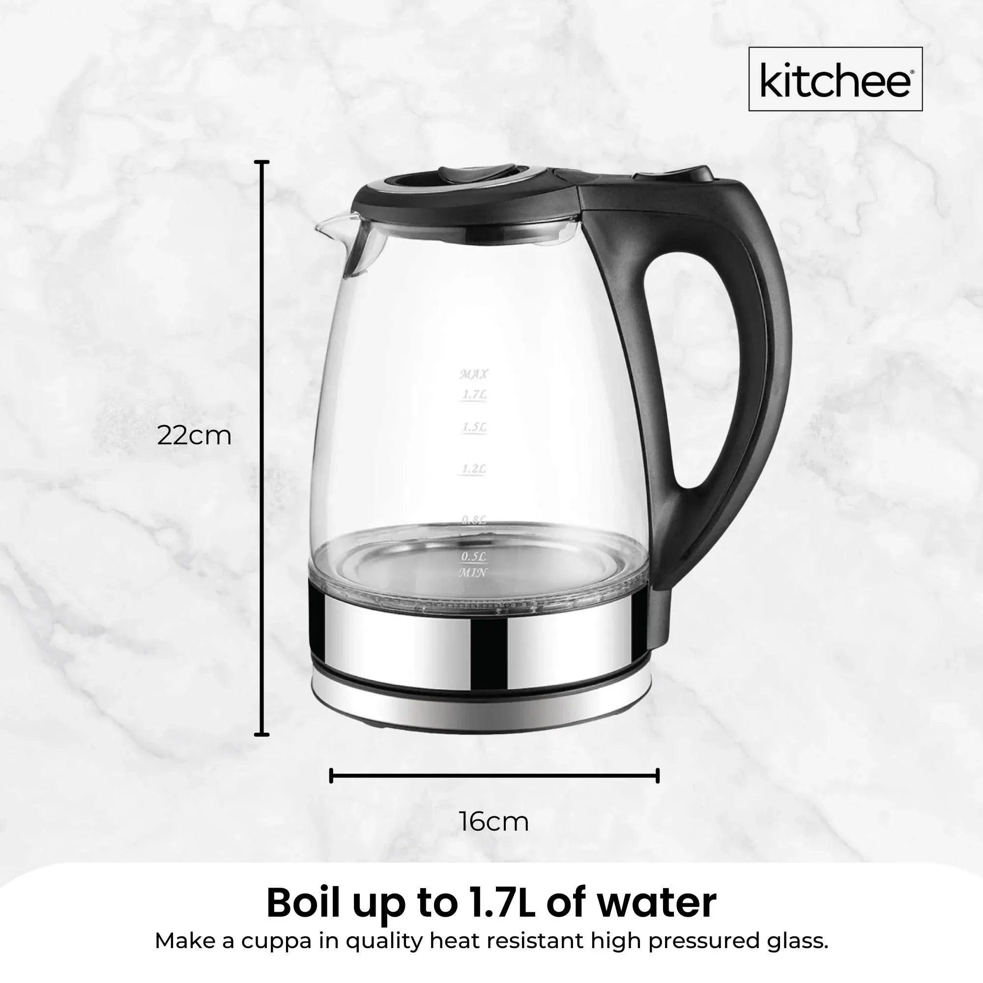Glass electric kettle with measurement markings, black handle, size dimensions