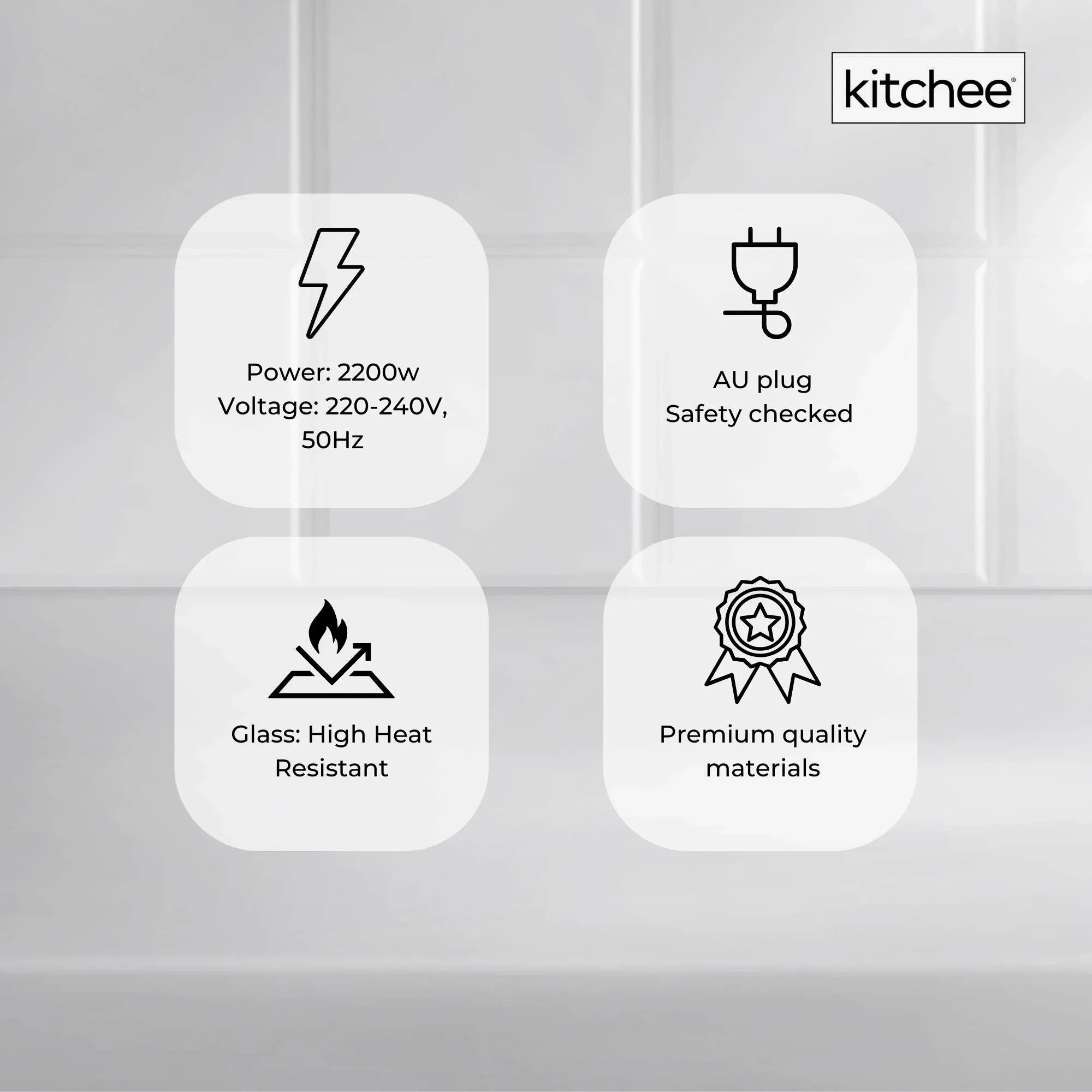 Electric kettle quality icons: high-heat glass, 2200W power, safety-checked plug