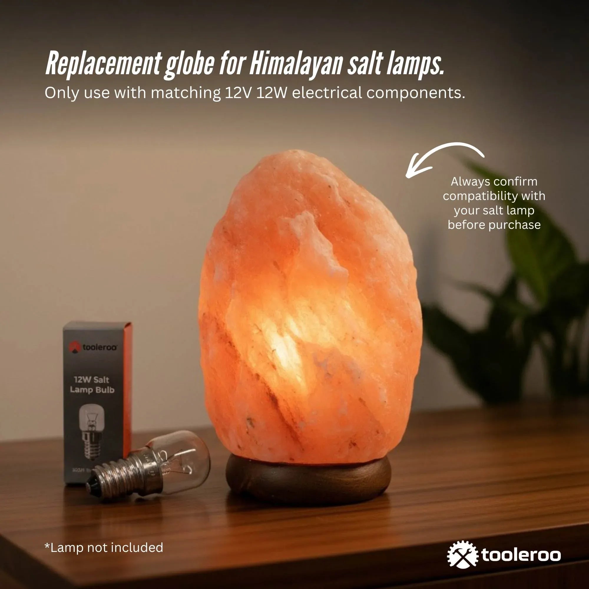 E14 salt lamp replacement bulb with clear glass globe next to Himalayan salt lamp base