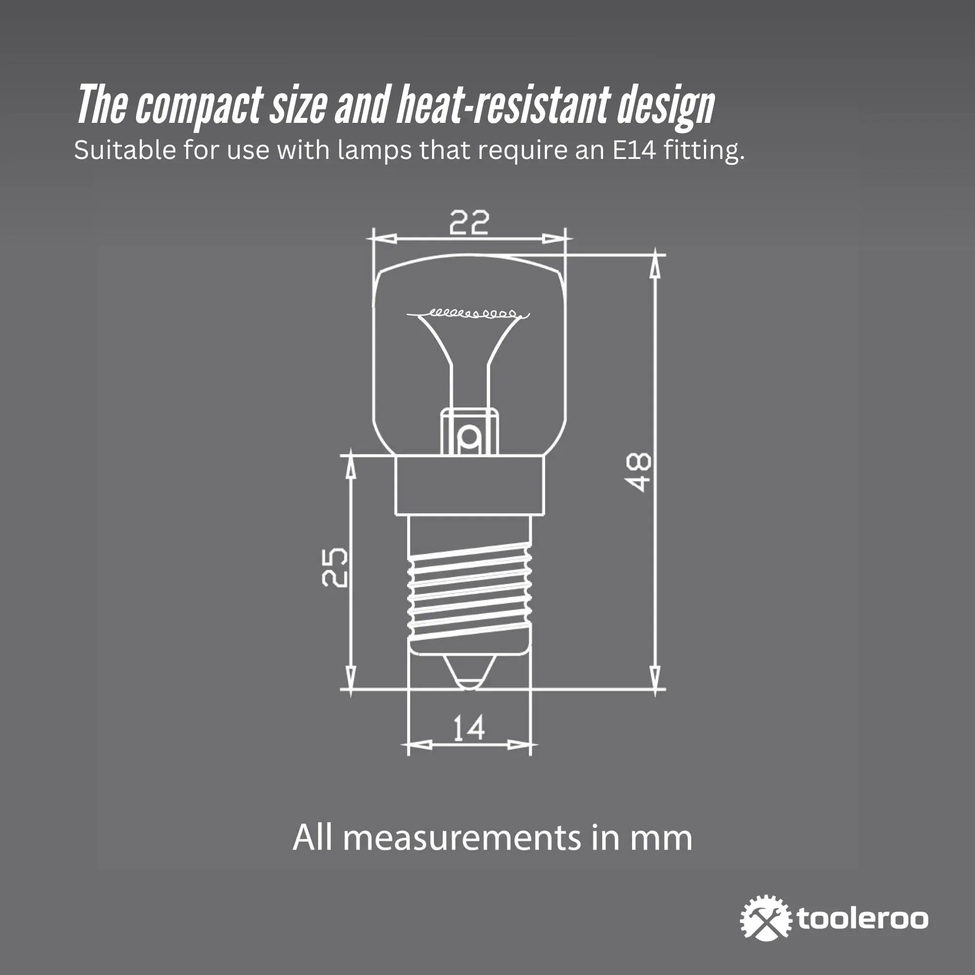 E14 salt lamp bulb size diagram for compact heat-resistant globe