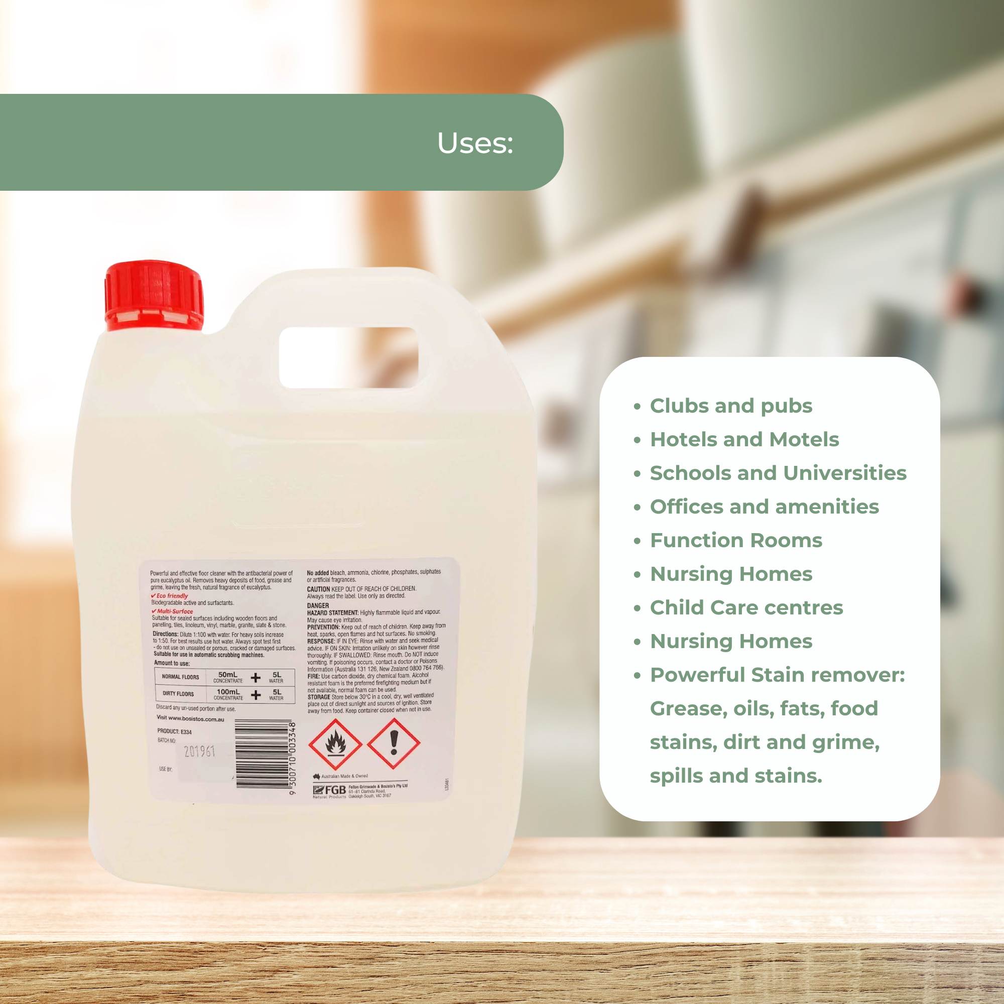 4L Floor Cleaner Concentrate Bosistos Heavy Duty Surface Cleaning Eucalyptus Oil