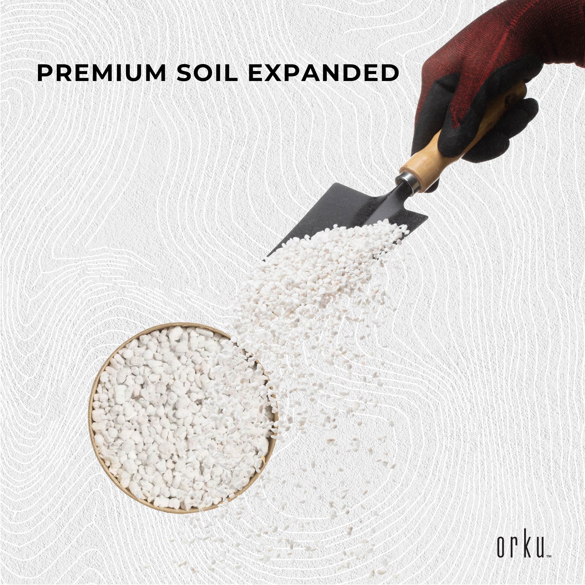 White perlite granules with a hand scoop for premium soil expansion and drainage